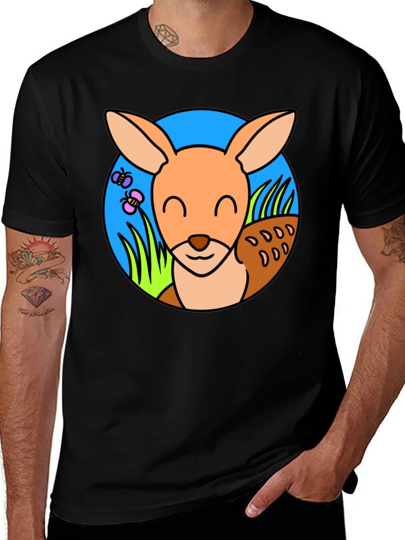 Variant 22 of Cute Kangaroo Graphic Tee - Black Cotton T-Shirt