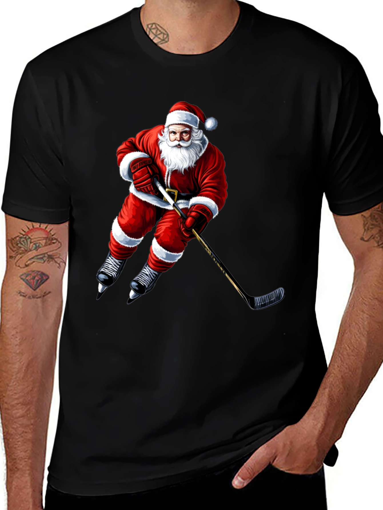 Santa Hockey Player Black T-Shirt