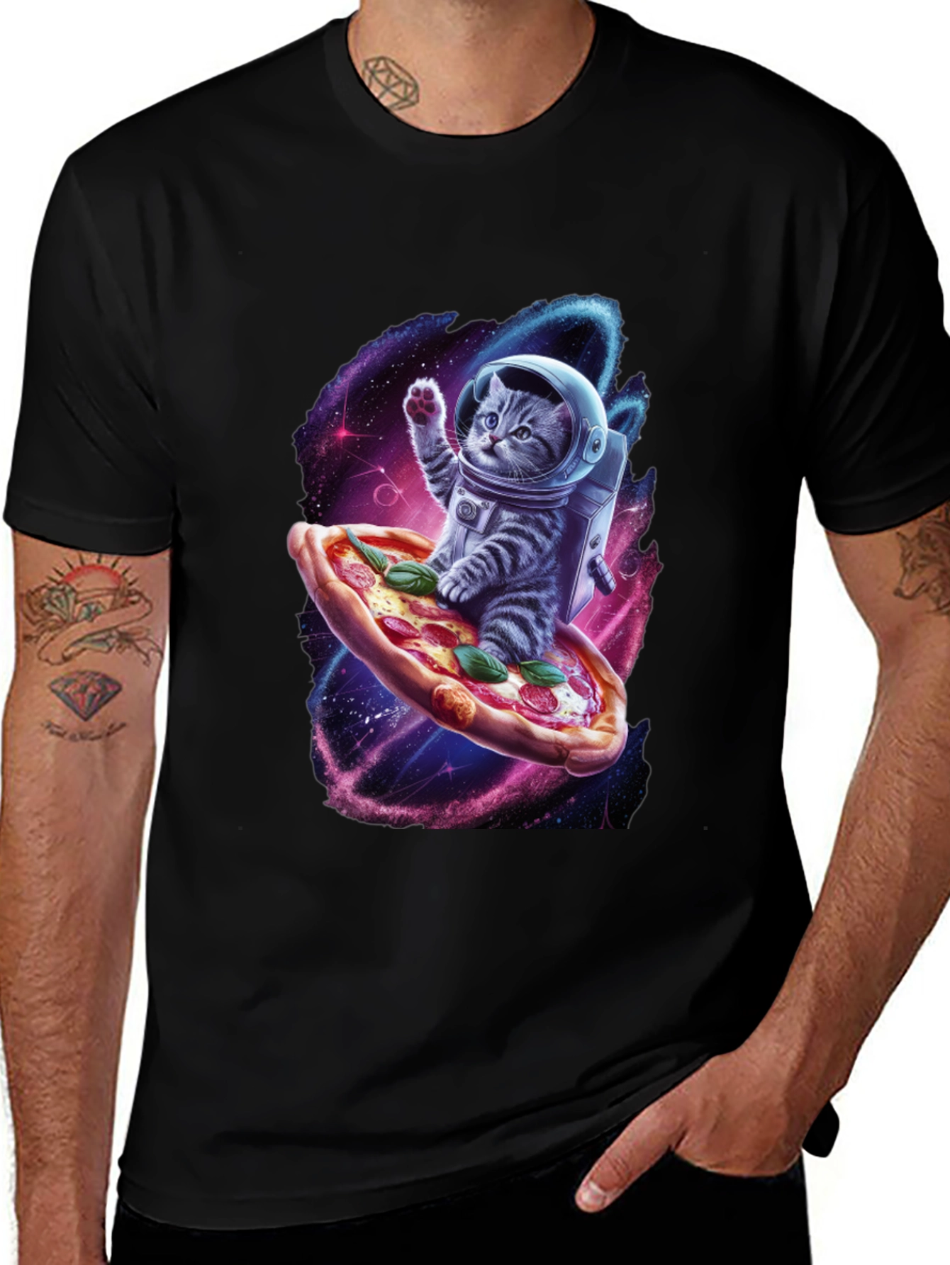 Variant 13 of Astronaut Cat Pizza T-Shirt - Galaxy Space Design