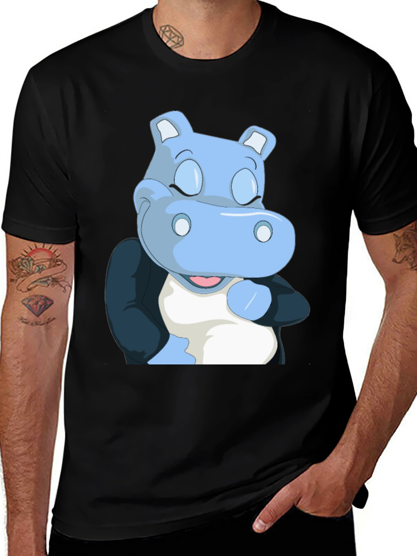 Variant 17 of Cartoon Hippo Graphic T-Shirt - Soft Black Cotton Tee