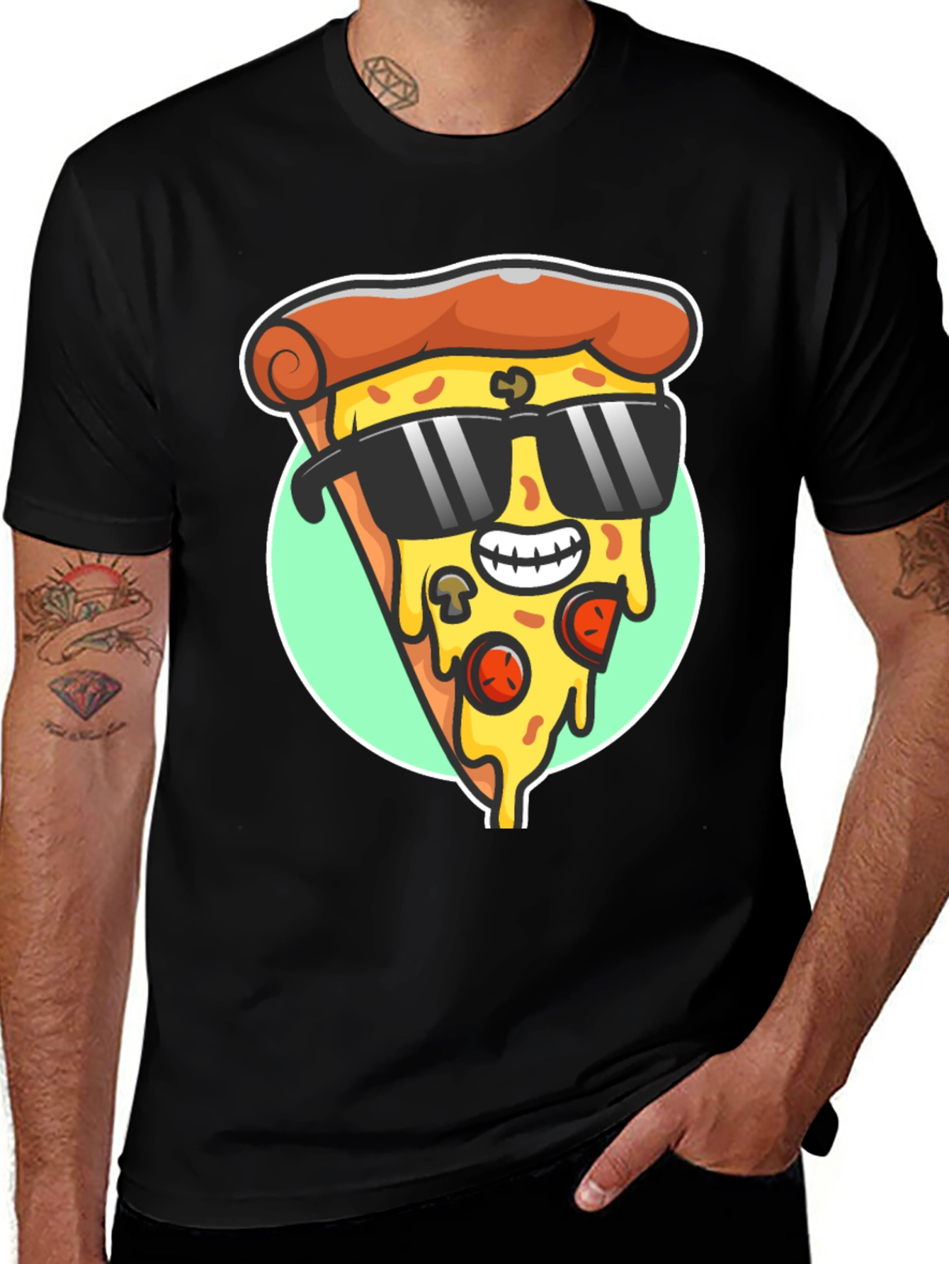 Variant 17 of Cool Pizza Slice Graphic Tee - Black Crew Neck T-Shirt