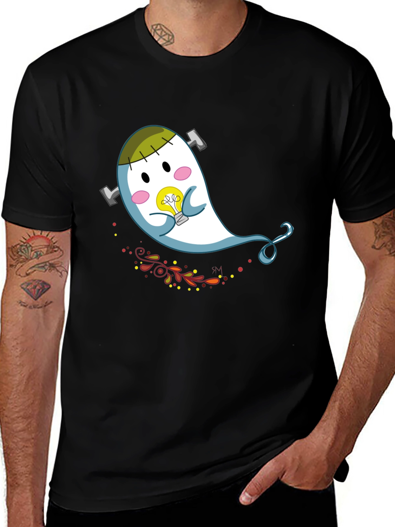 Variant 14 of Cute Cartoon Ghost Graphic Tee - Black Cotton T-Shirt