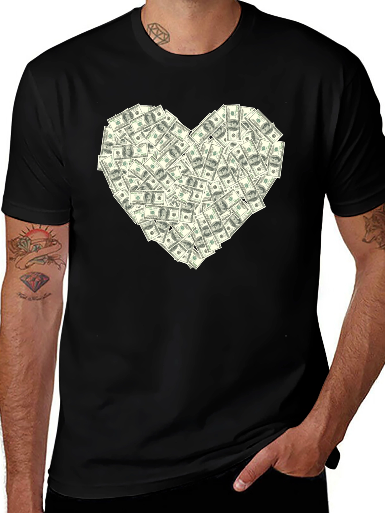 Variant 17 of Money Heart Graphic Tee - Black Crew Neck Shirt