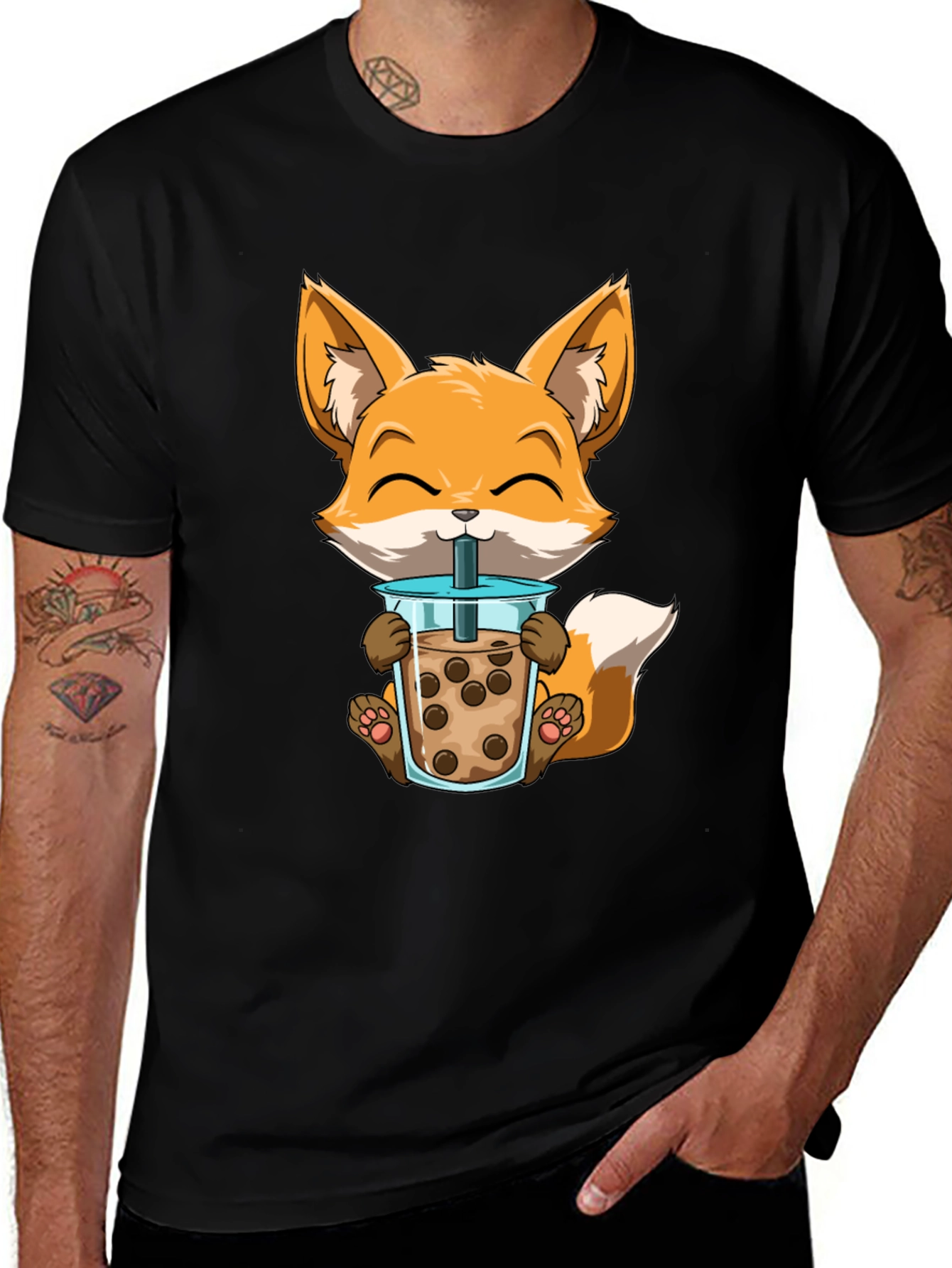 Variant 28 of Cute Fox Boba Tea Black T-Shirt
