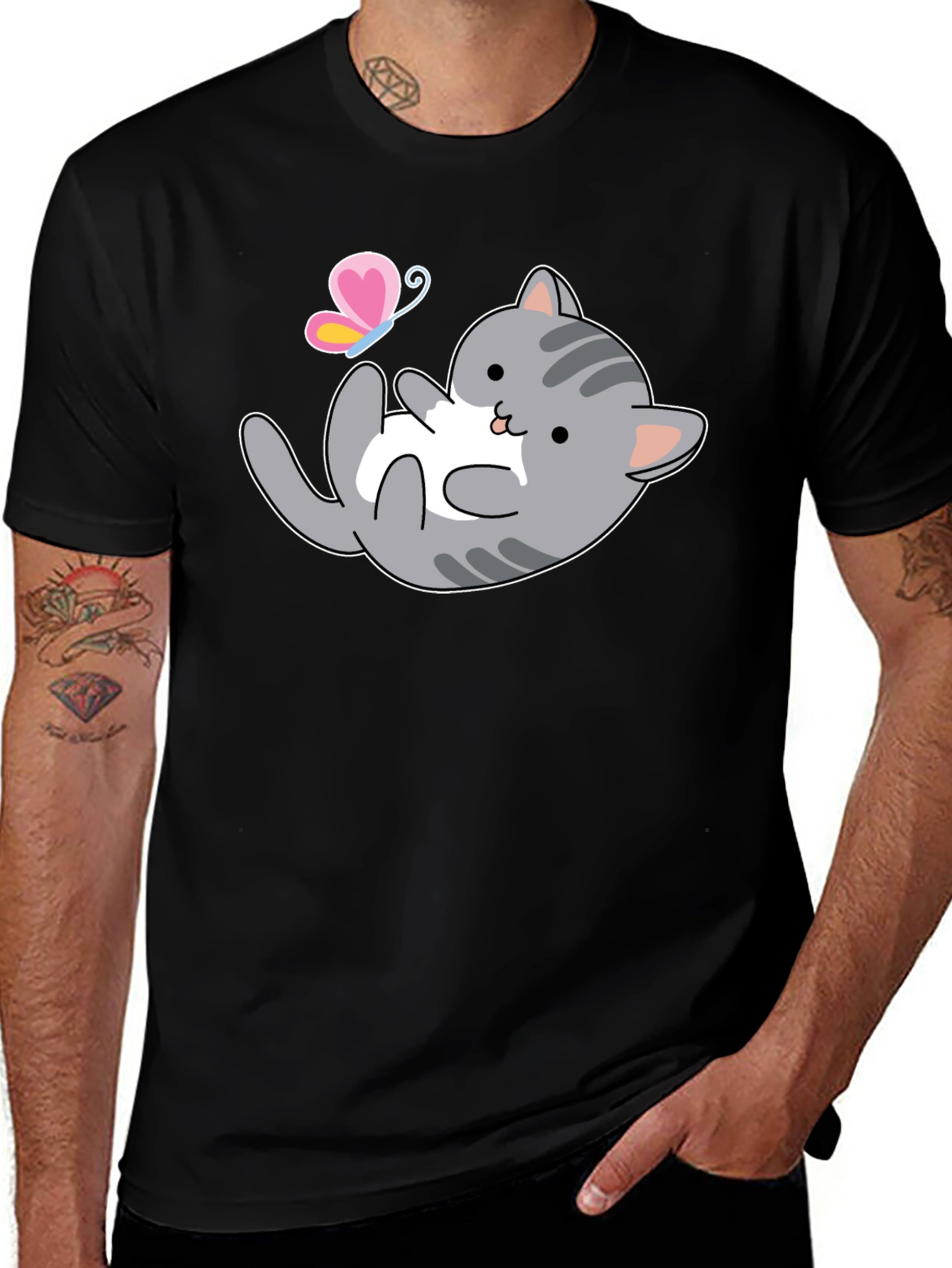 Variant 17 of Cute Cat & Butterfly Graphic T-Shirt - Black