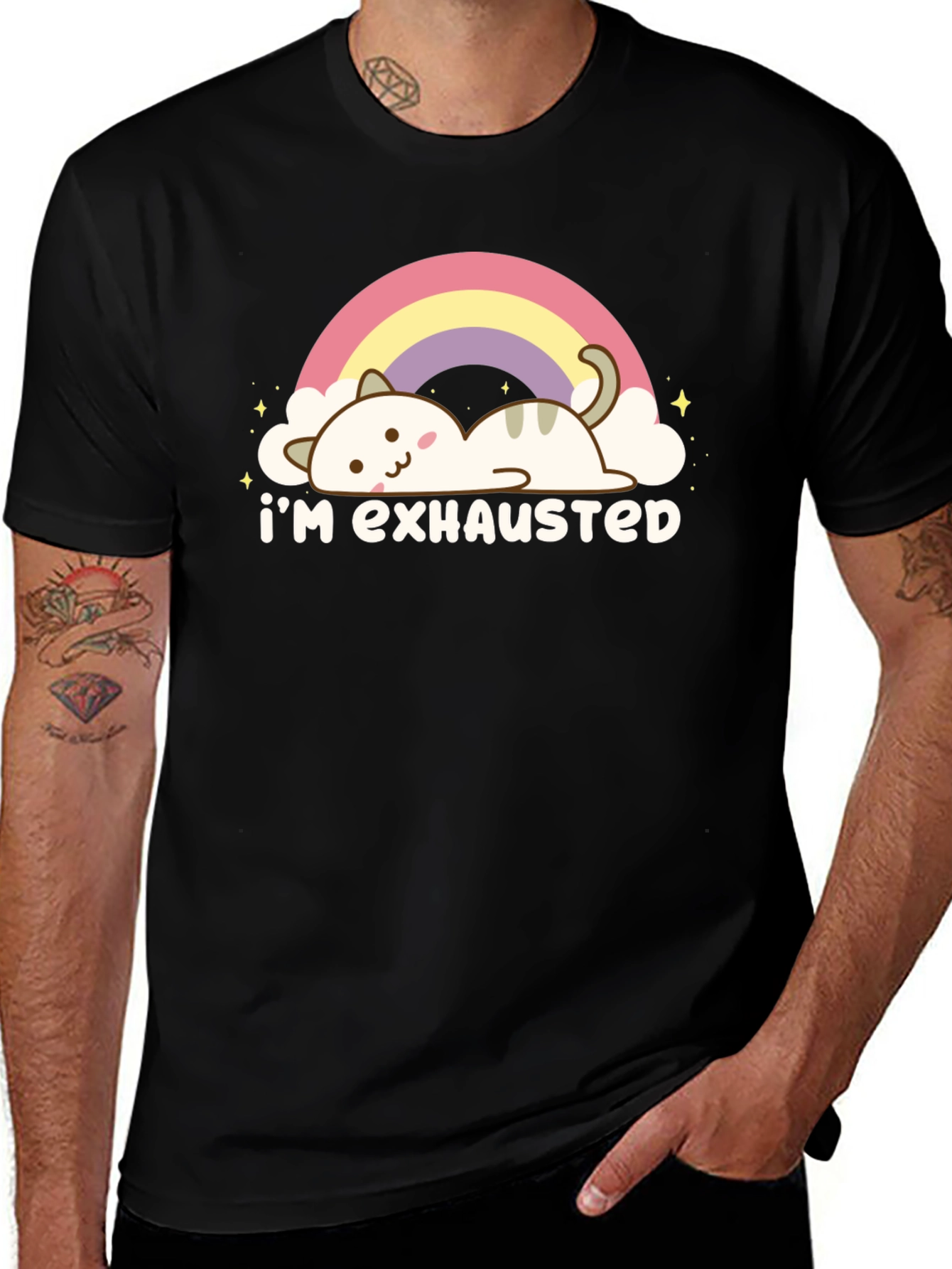 Variant 17 of I'm Exhausted Cat Rainbow Black T-Shirt