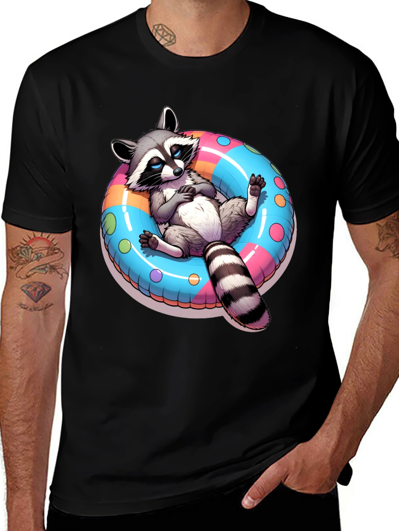 Variant 22 of Cool Raccoon Relaxing on Raft Graphic Tee