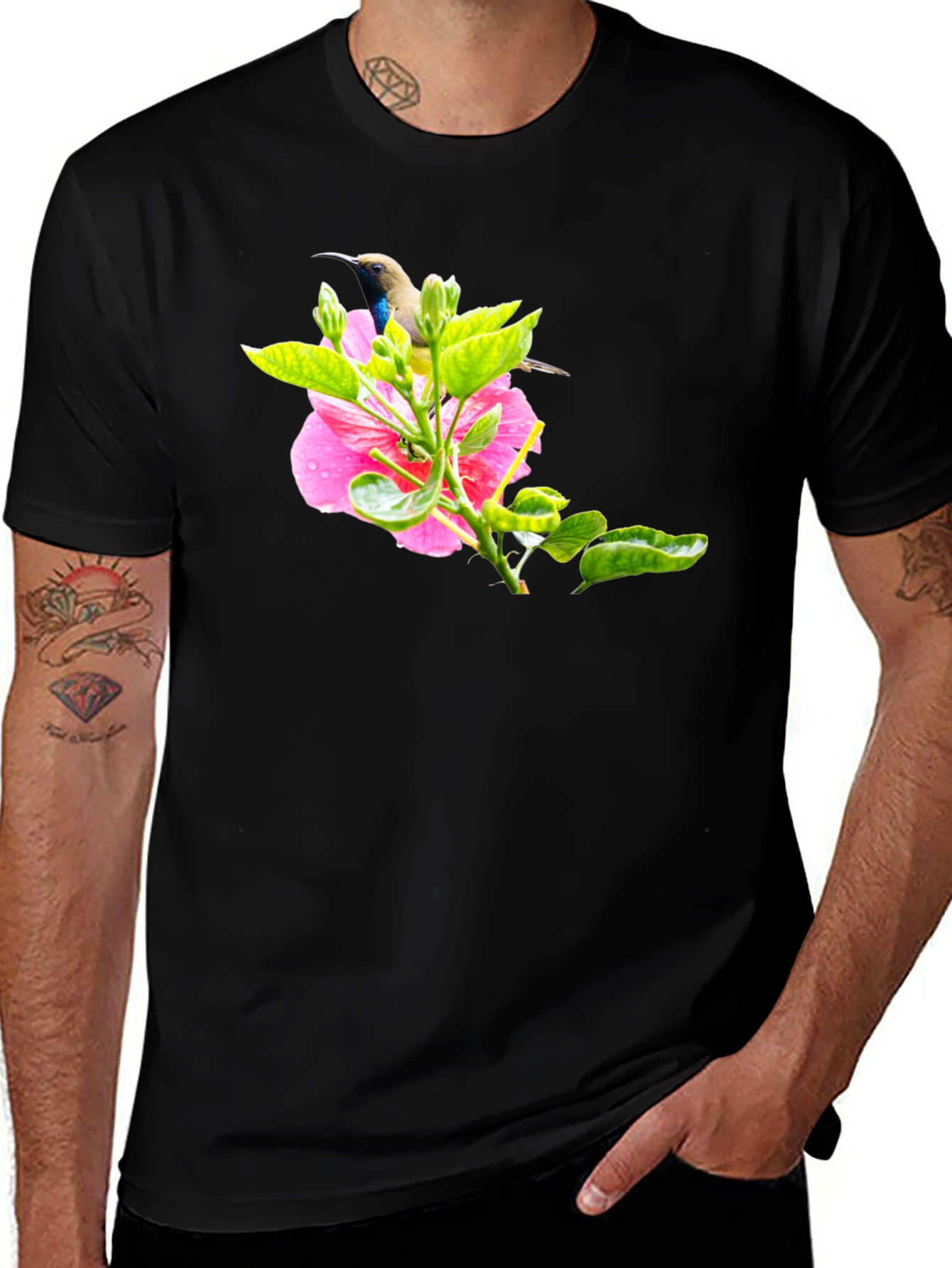 Variant 27 of Bird and Flower Graphic Black T-Shirt