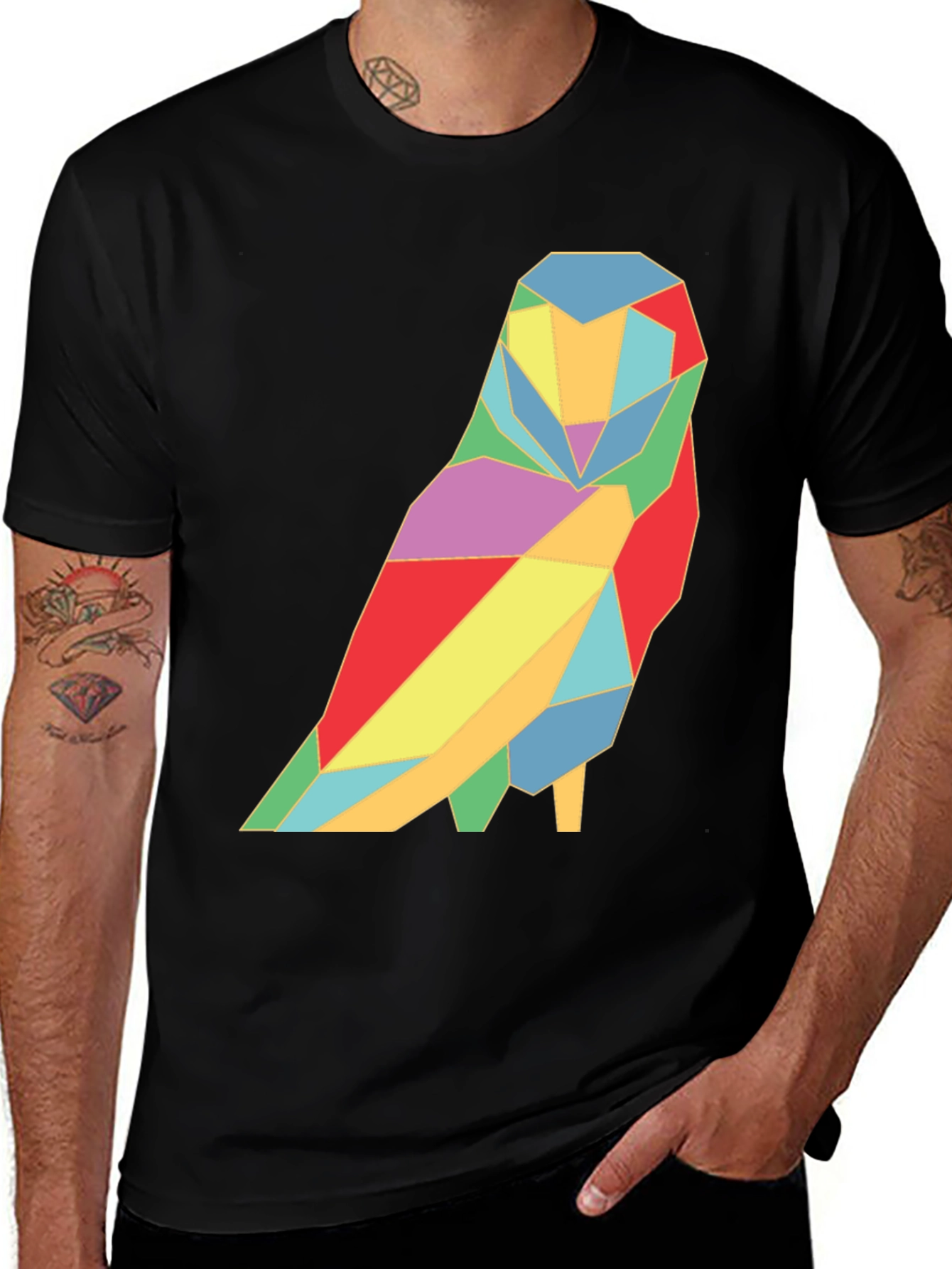 Variant 3 of Geometric Owl Graphic Tee - Modern Design, Soft Black Cotton