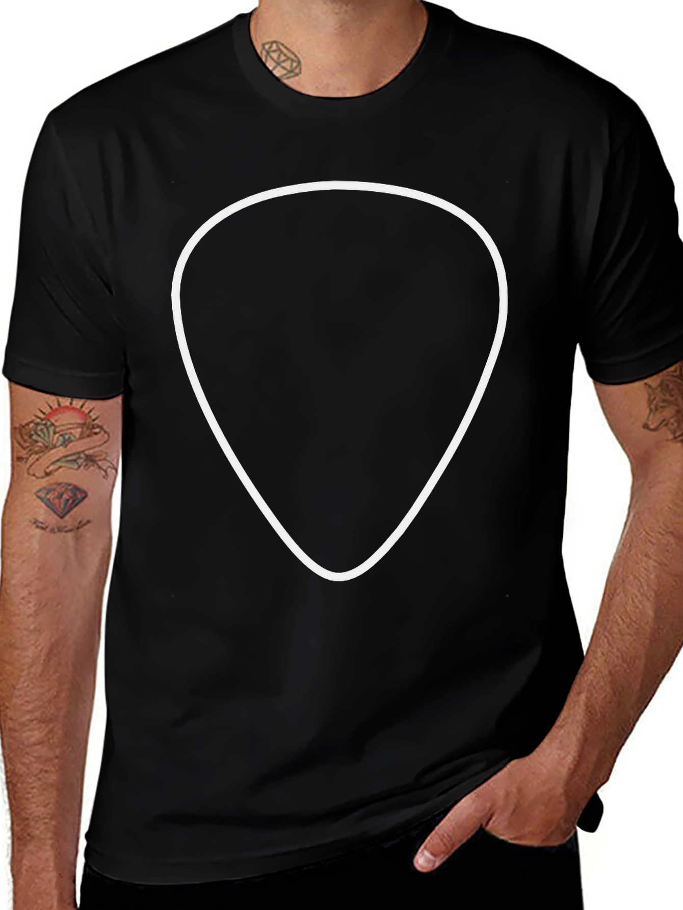 Variant 17 of Black T-Shirt with Guitar Pick Outline Design