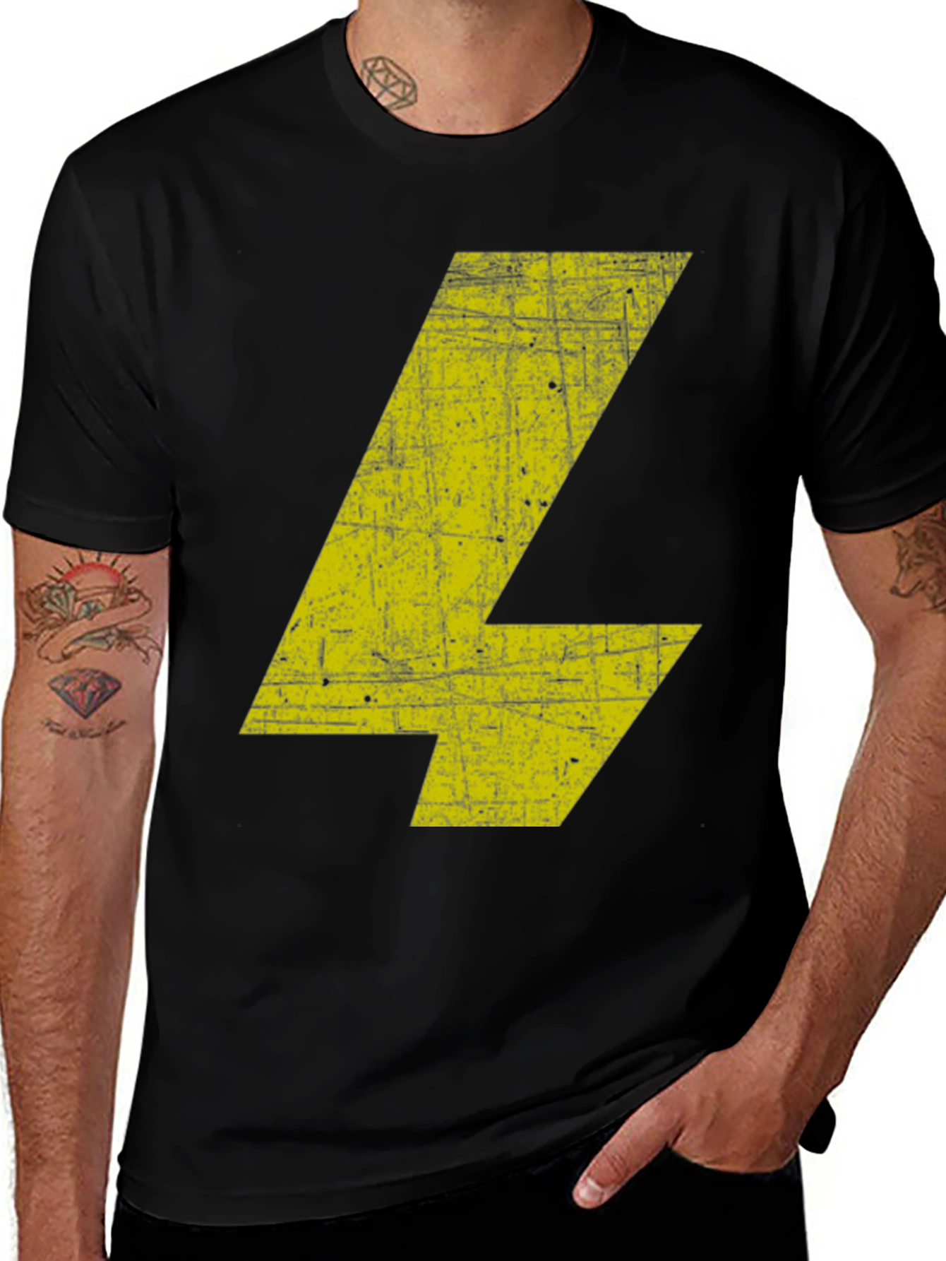 Variant 3 of Distressed Yellow Bolt Graphic Black T-Shirt