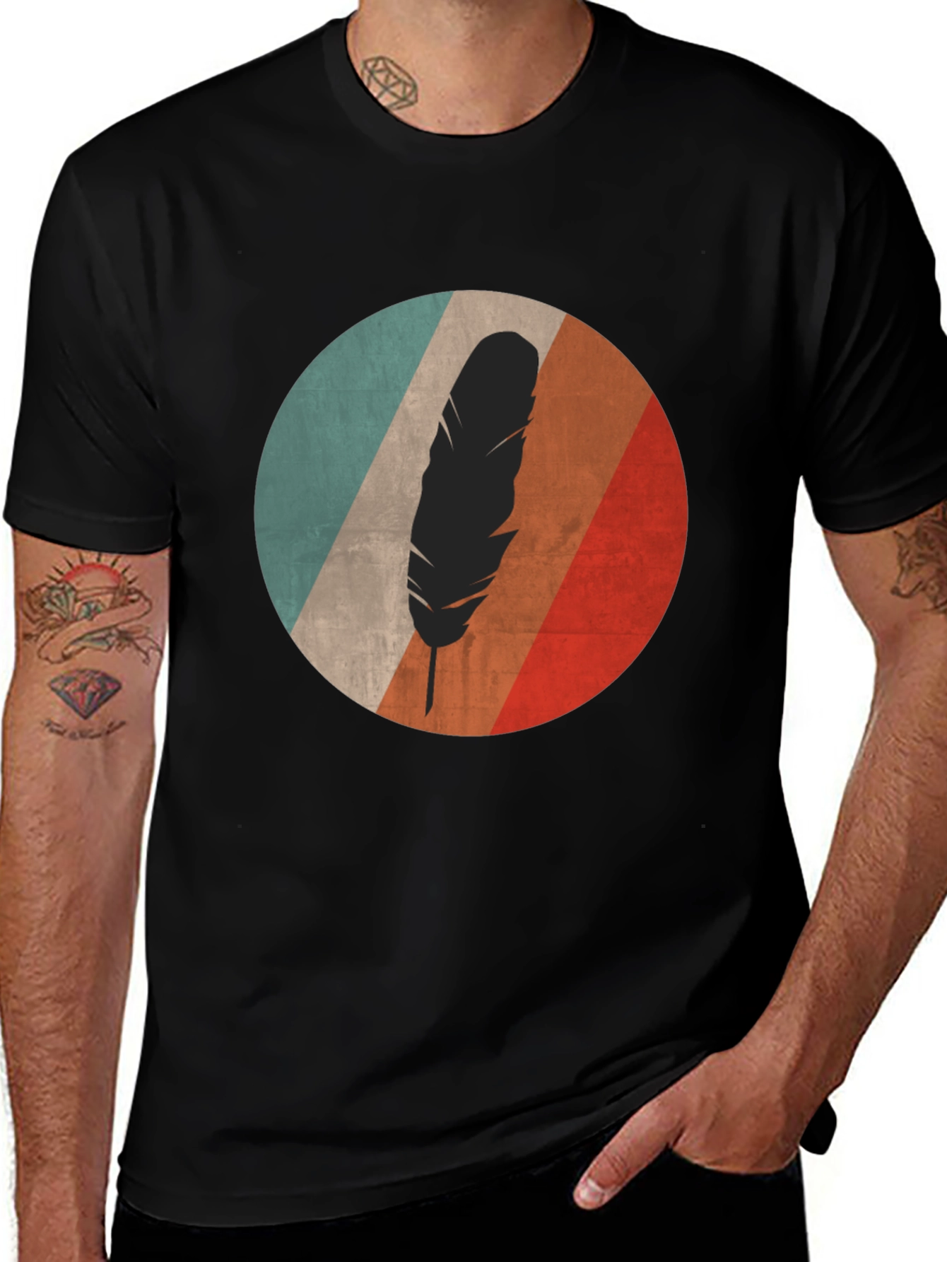 Variant 17 of Retro Feather Graphic Tee - Black Cotton Blend