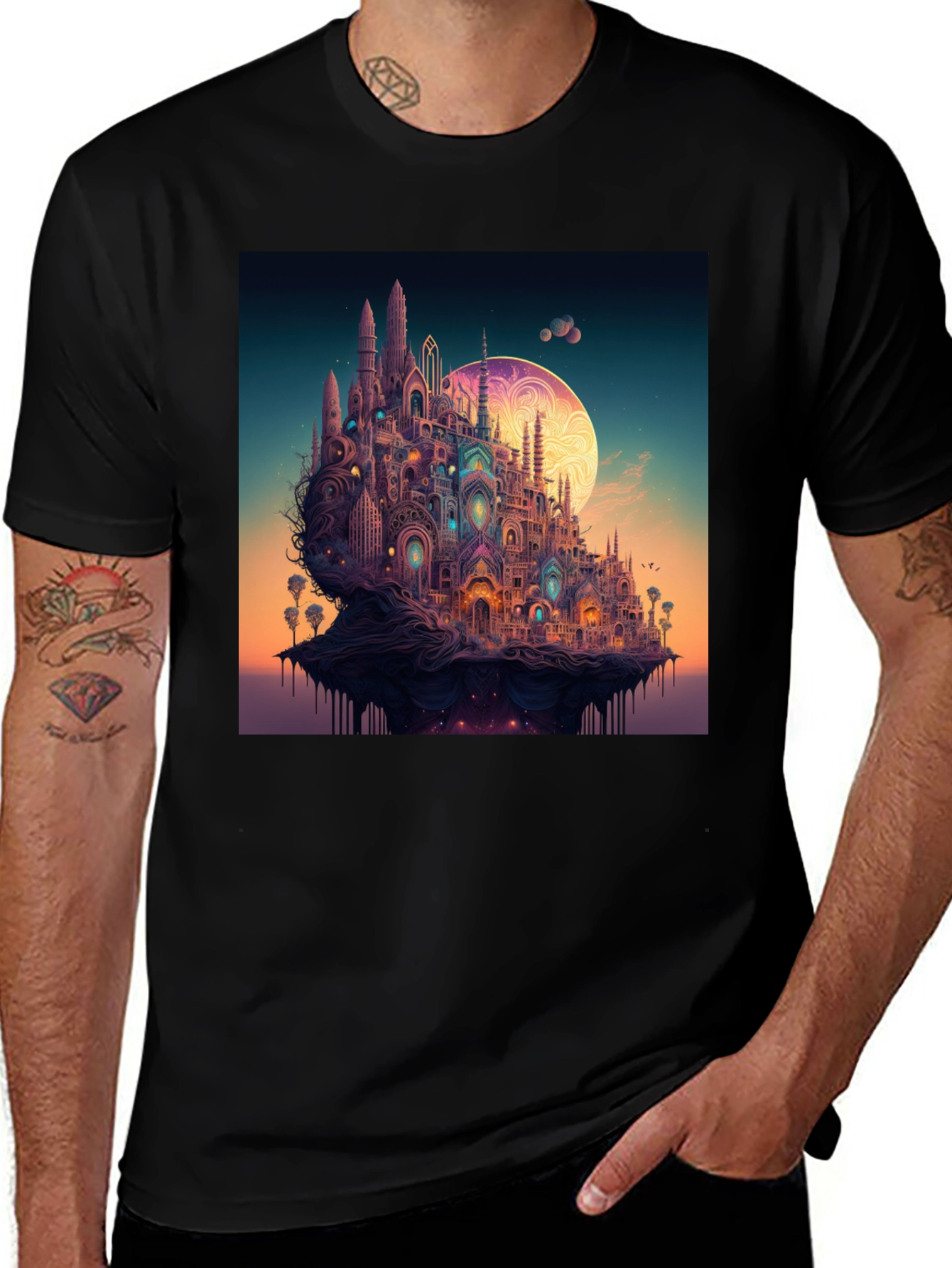Variant 13 of Fantasy Cityscape Graphic Tee - Unique & Stylish Black T-Shirt