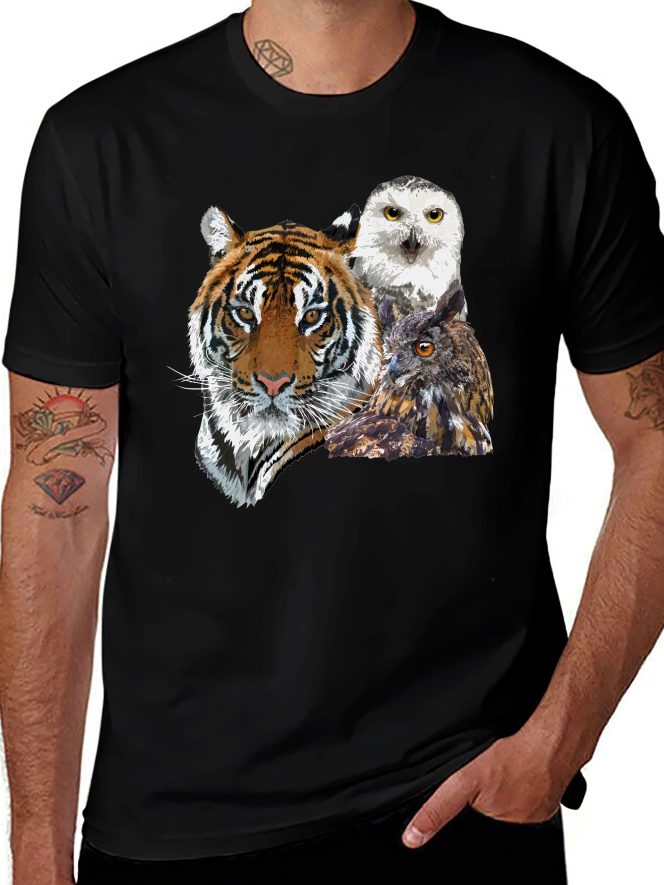 Variant 21 of Tiger and Owl Graphic Tee - Men's Black T-Shirt