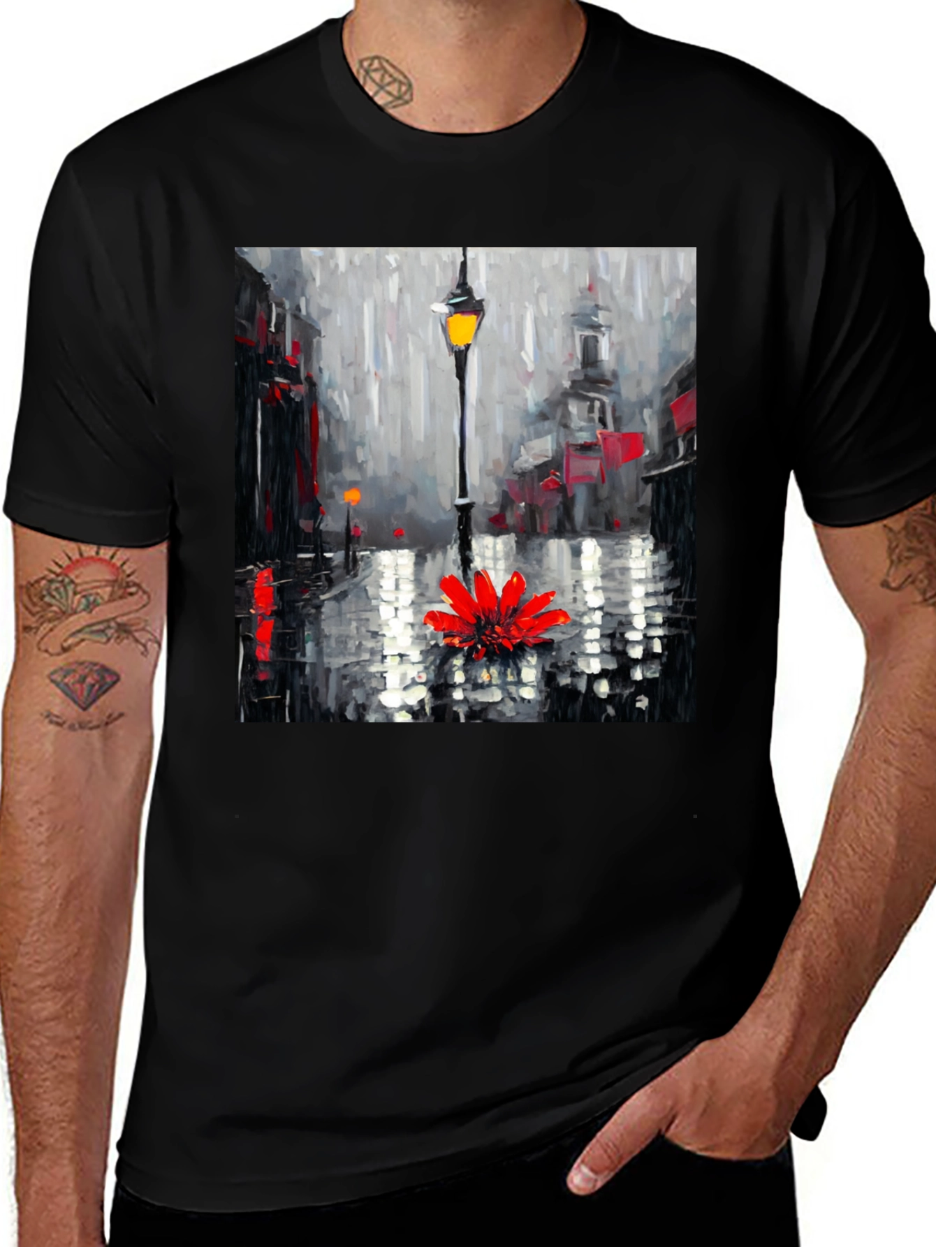 Variant 19 of Rainy Day Flower Graphic Tee - Black Casual Shirt