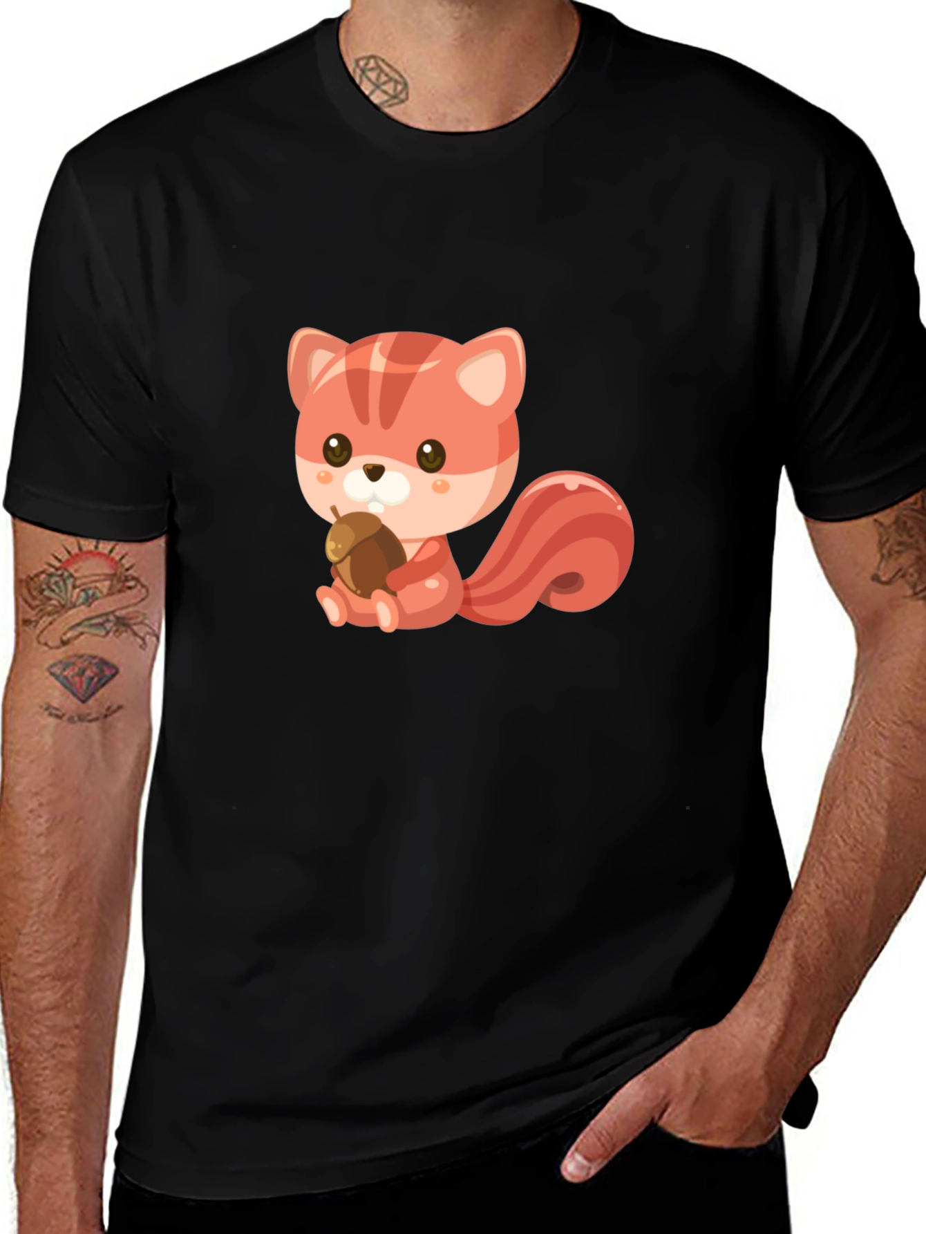 Variant 5 of Cute Squirrel Holding Acorn Graphic Tee - Black