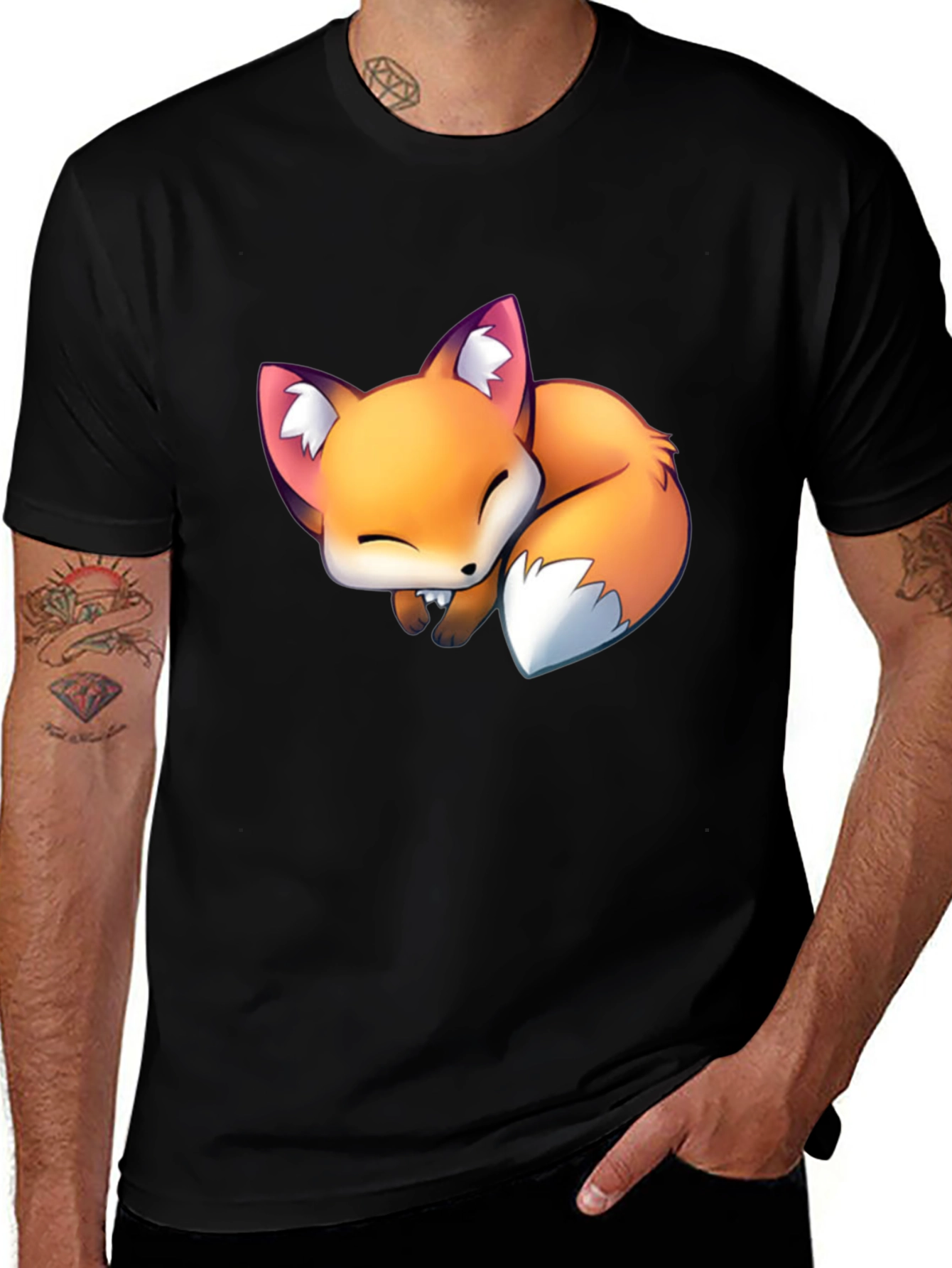 Variant 11 of Cute Sleeping Fox Graphic Tee - Black Casual T-Shirt
