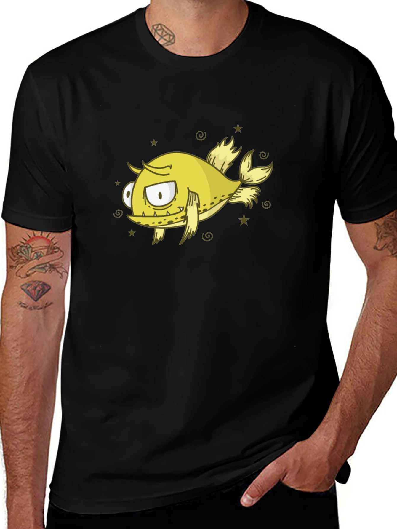 Variant 19 of Funny Yellow Fish Graphic Tee - Black Cotton T-Shirt