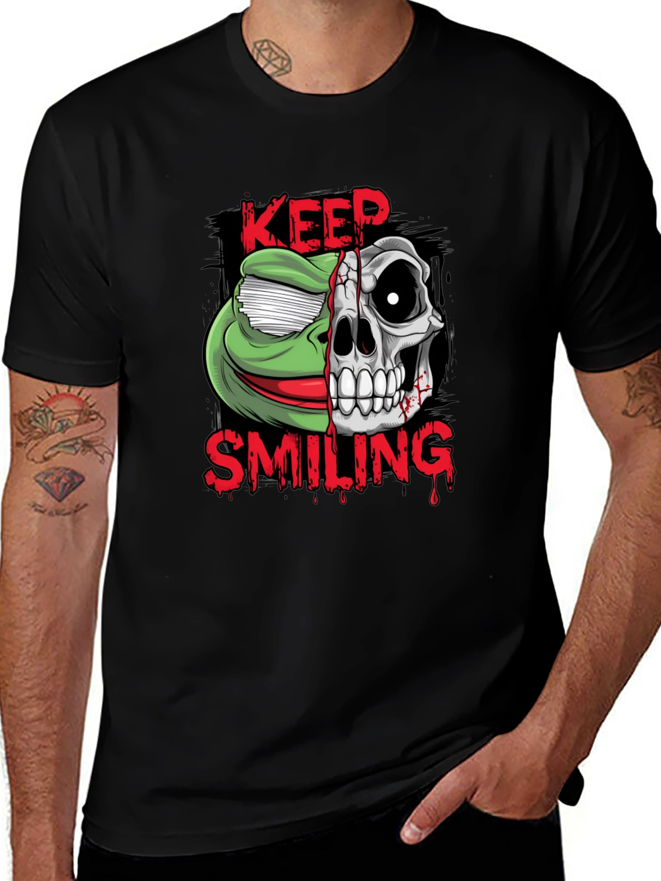 Variant 26 of Keep Smiling Frog & Skull Graphic Tee - Unisex Black T-Shirt