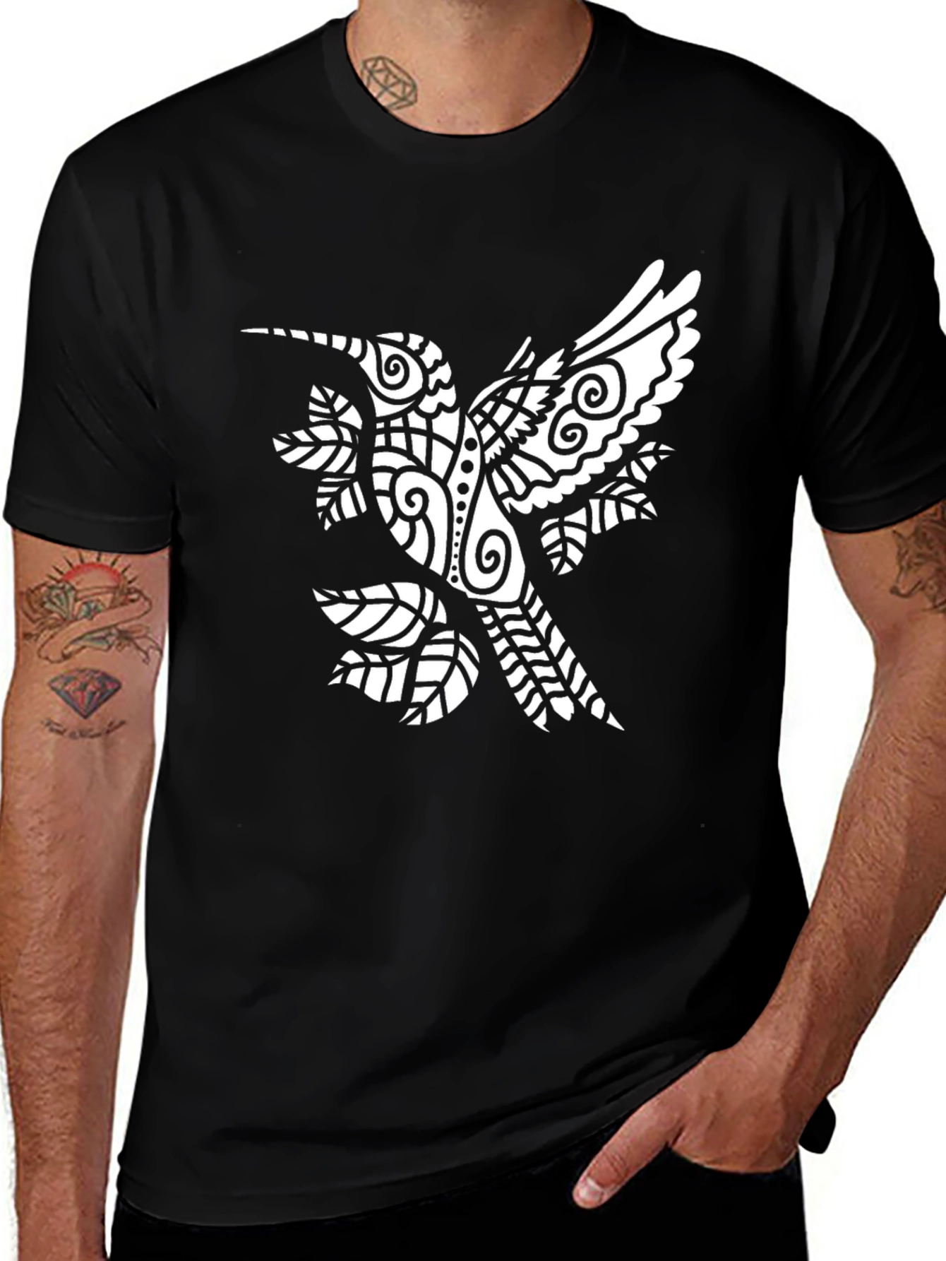 Variant 15 of Men's Black Graphic Tee with Hummingbird Design