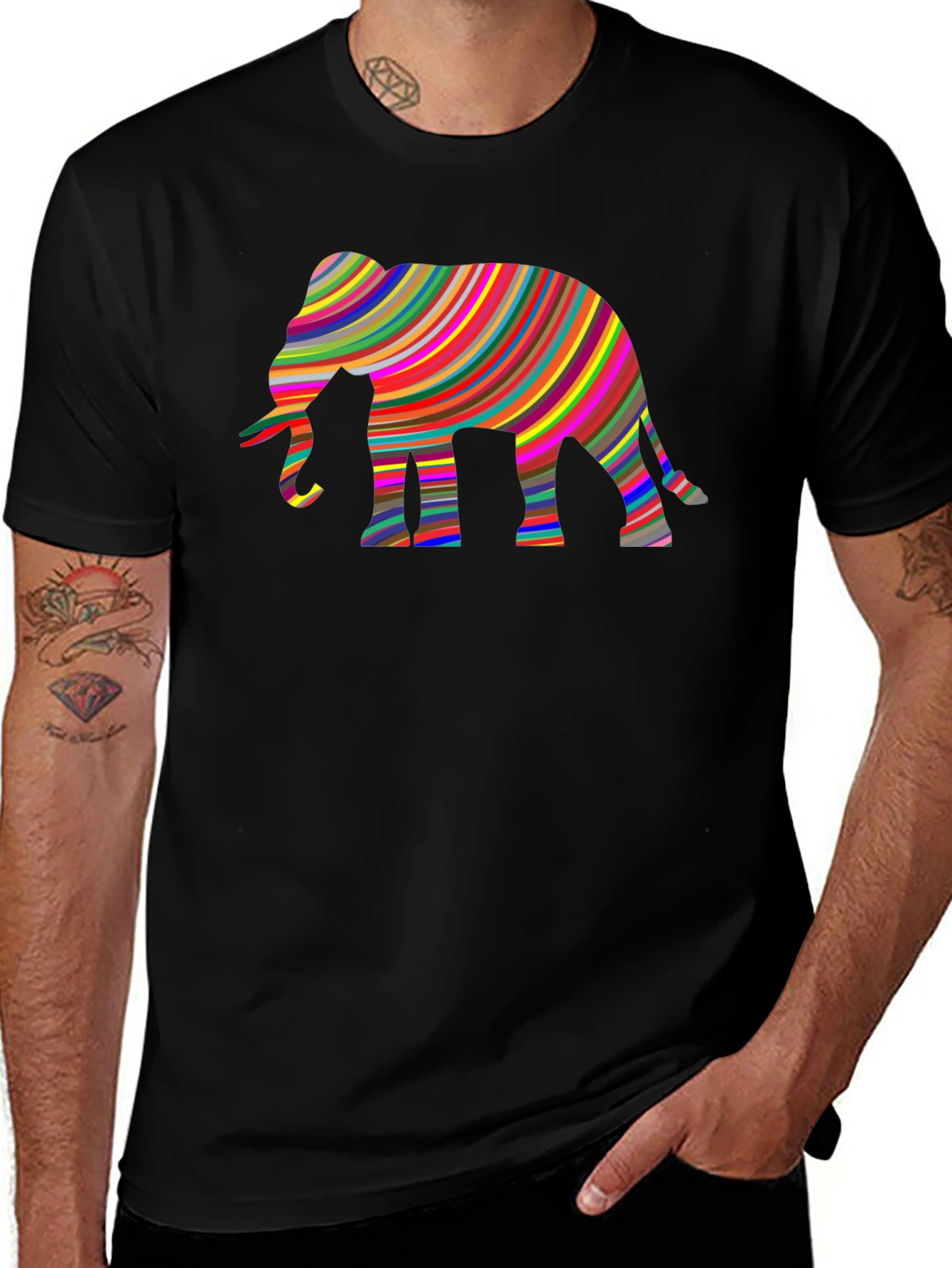 Variant 28 of Colorful Striped Elephant Graphic Tee