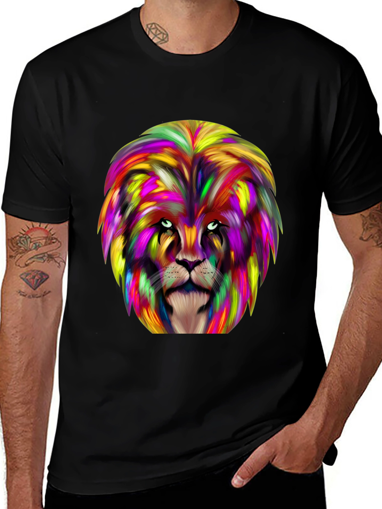 Variant 5 of Colorful Lion Graphic Black T-Shirt