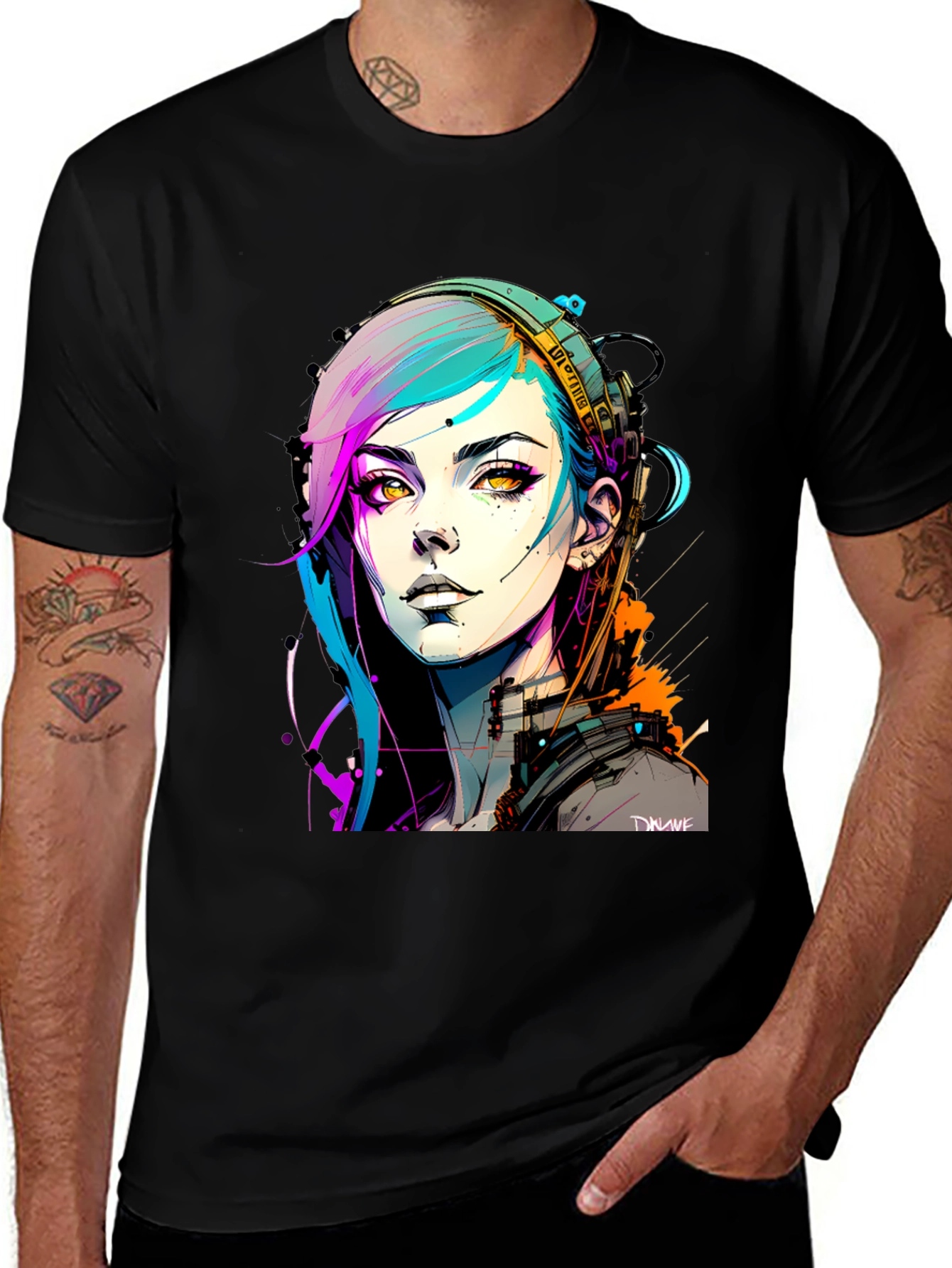 Variant 3 of Cyberpunk Girl Graphic Tee - Black Cotton T-Shirt