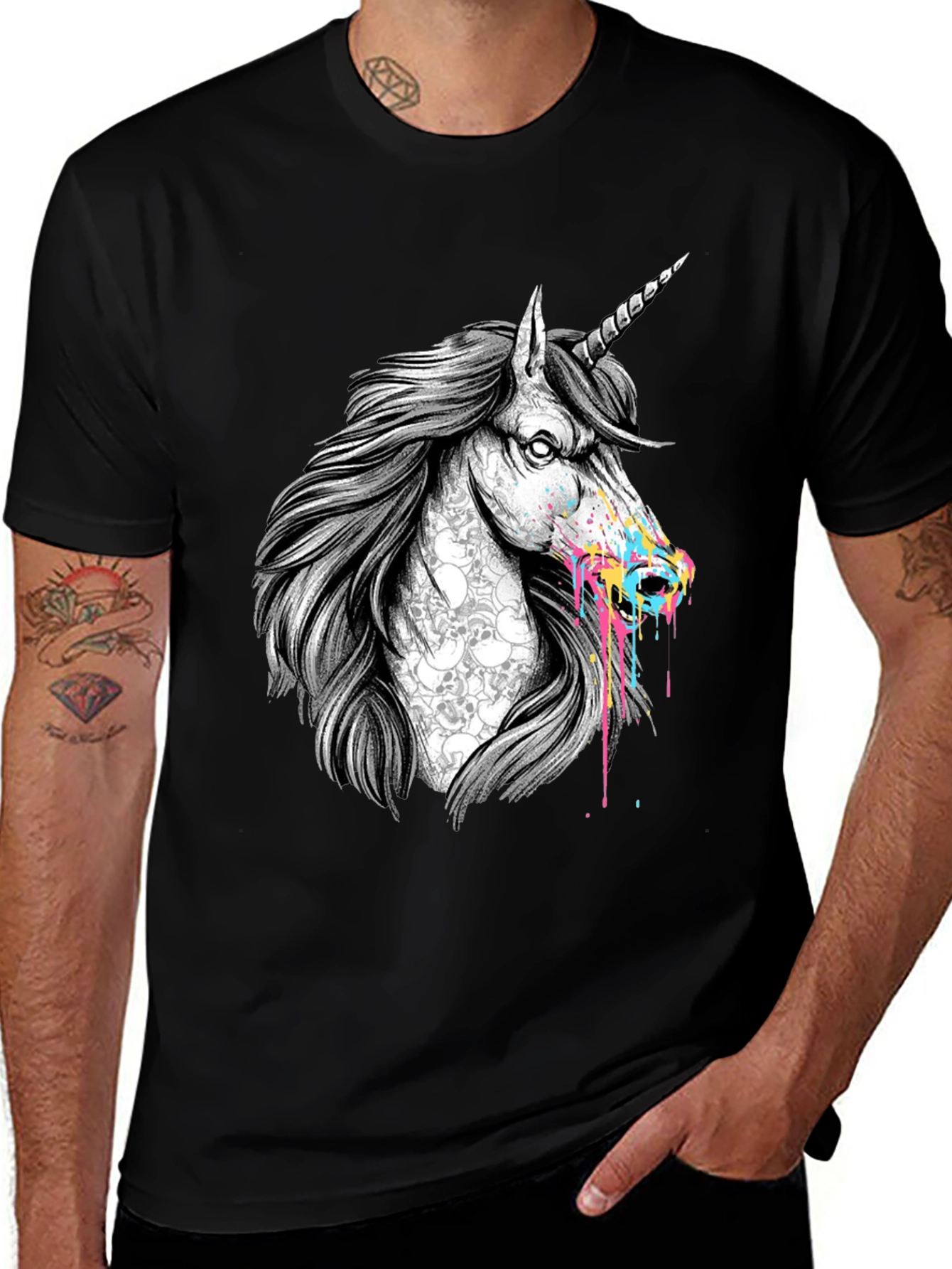Variant 10 of Unicorn Skull Graphic Print Black T-Shirt