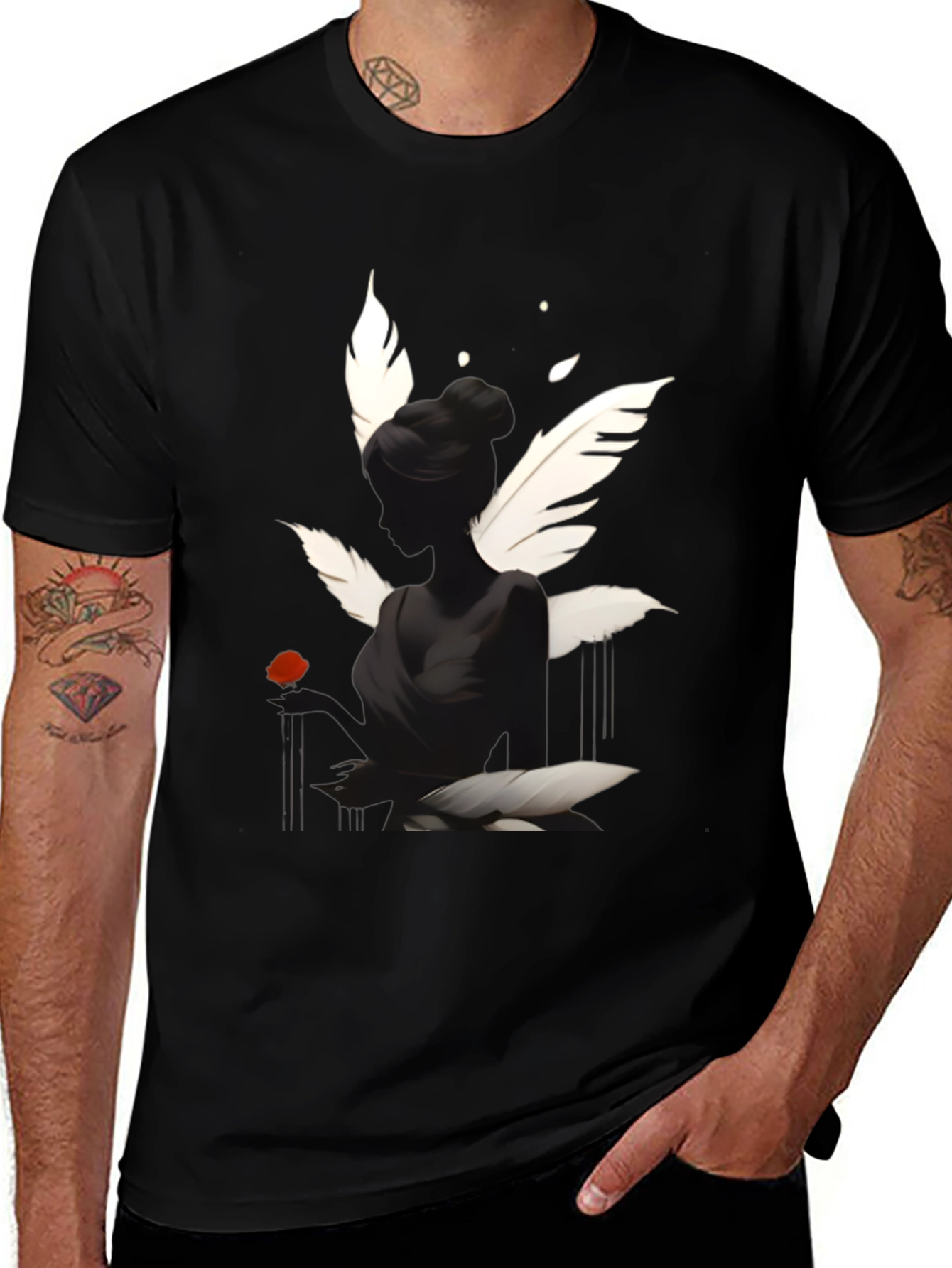 Elegant Black T-Shirt with Swan Inspired Graphic