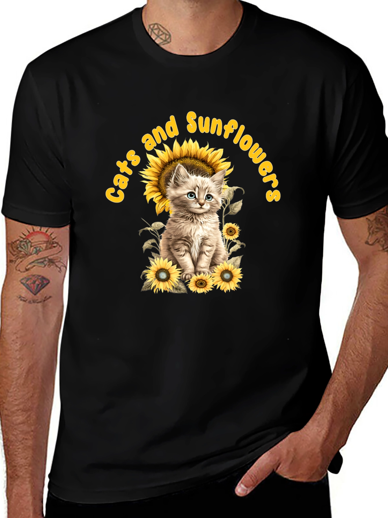 Variant 2 of Cats and Sunflowers Black T-Shirt