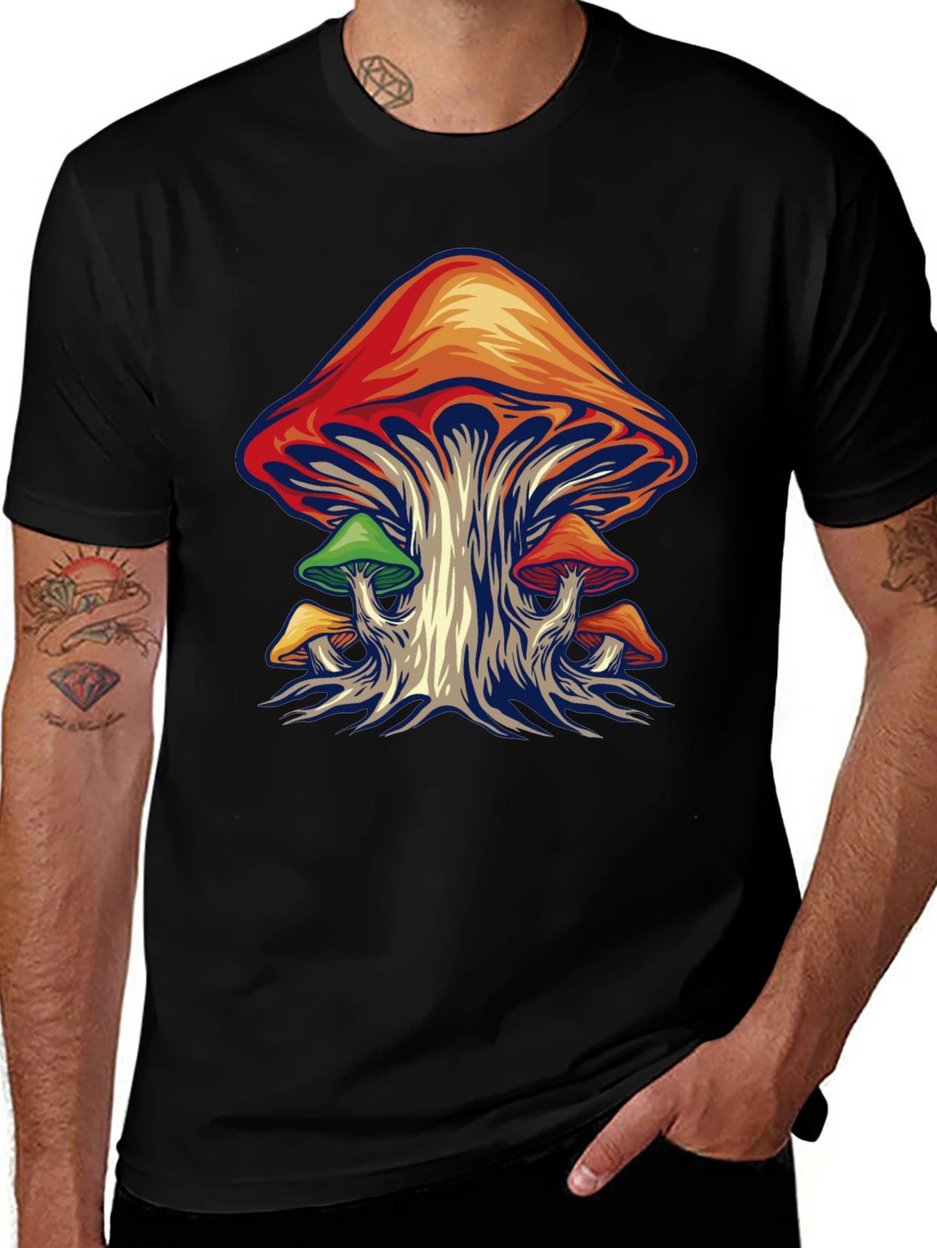 Variant 7 of Psychedelic Mushroom Graphic Tee - Black Cotton Shirt
