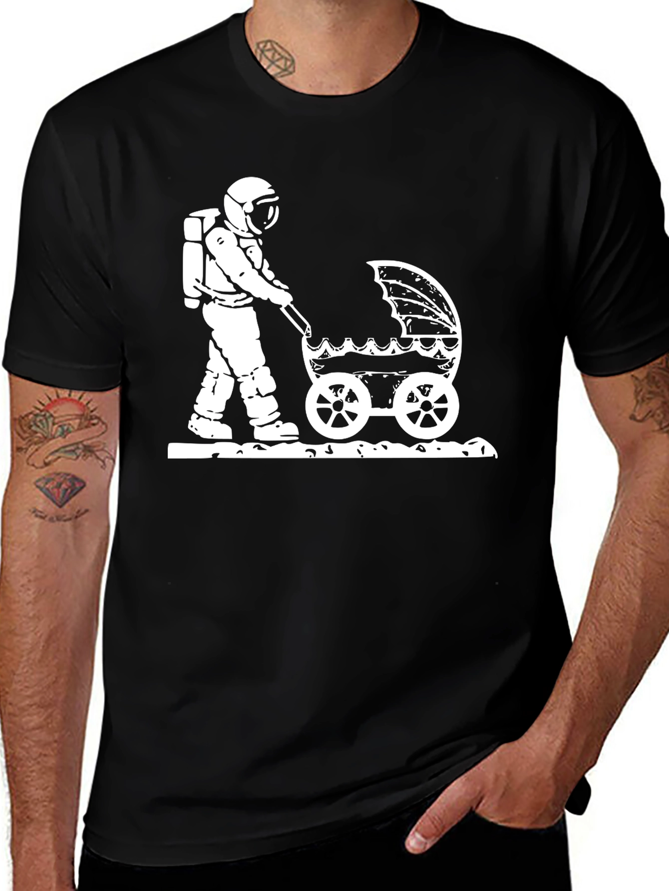 Astronaut Baby Stroller Graphic T-Shirt - Outer Space Dad Humor Tee