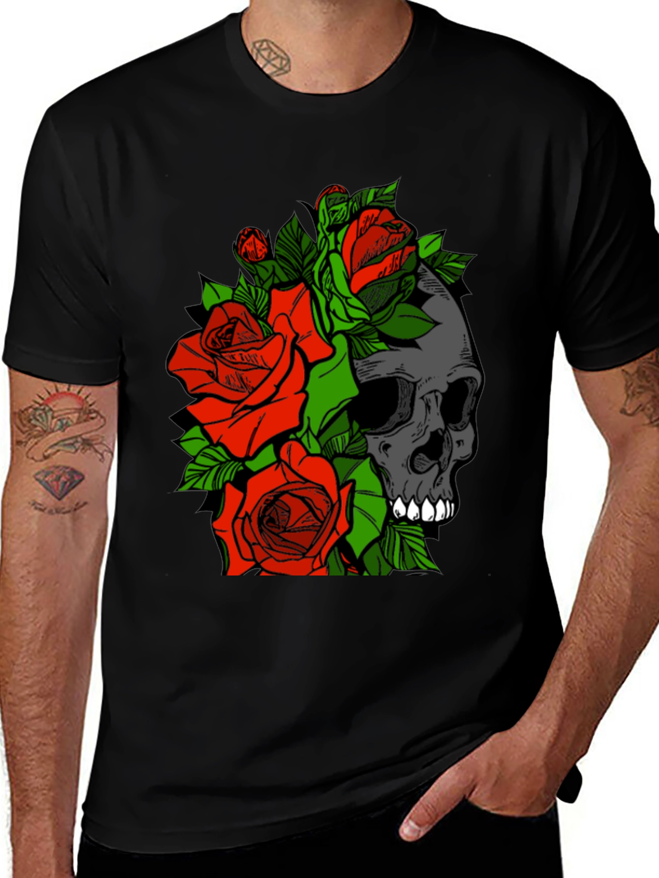 Variant 14 of Skull and Roses Graphic Tee - Black