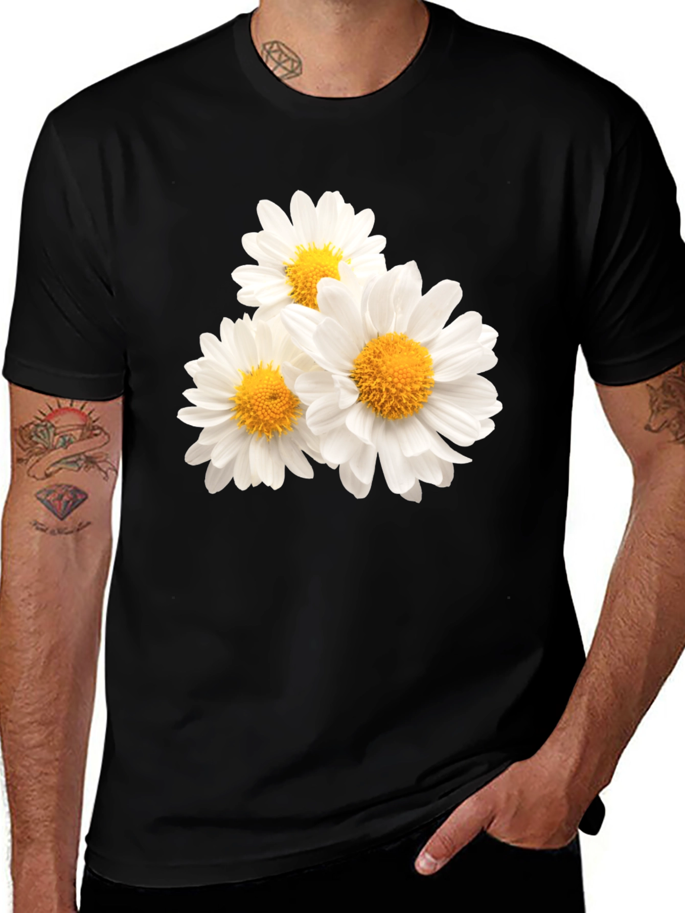 Variant 6 of Daisy Flower Graphic Print Black T-Shirt