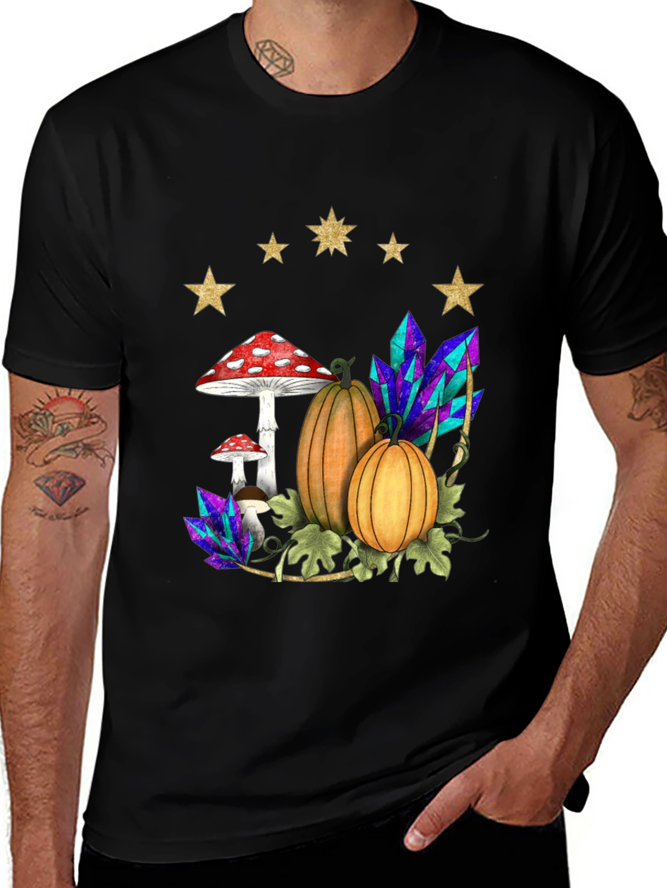 Variant 16 of Whimsical Harvest T-Shirt: Pumpkins, Mushrooms & Crystals