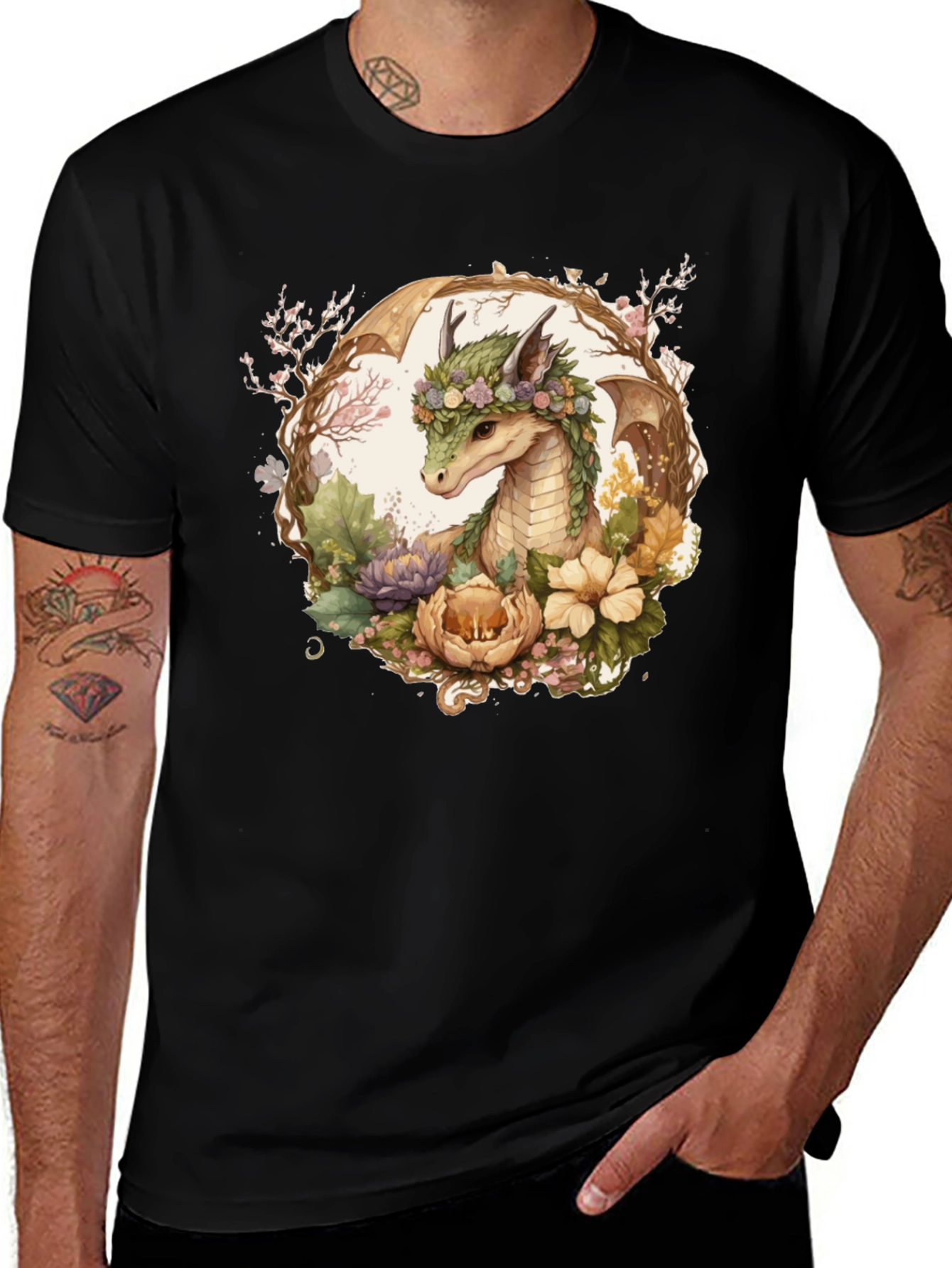 Variant 2 of Floral Dragon Graphic Tee - Unique Fantasy Art Shirt