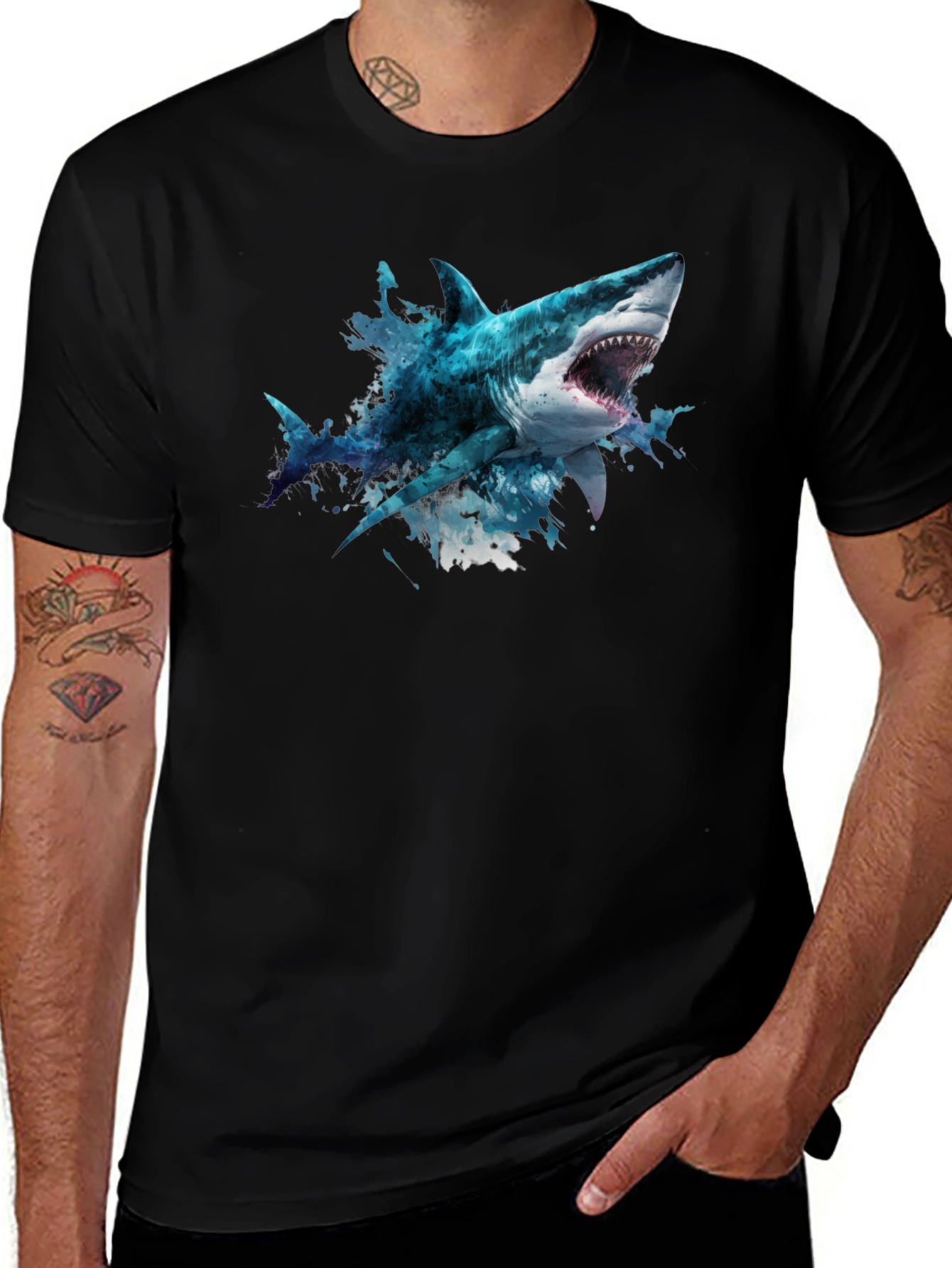 Variant 2 of Shark Graphic Print Black T-Shirt