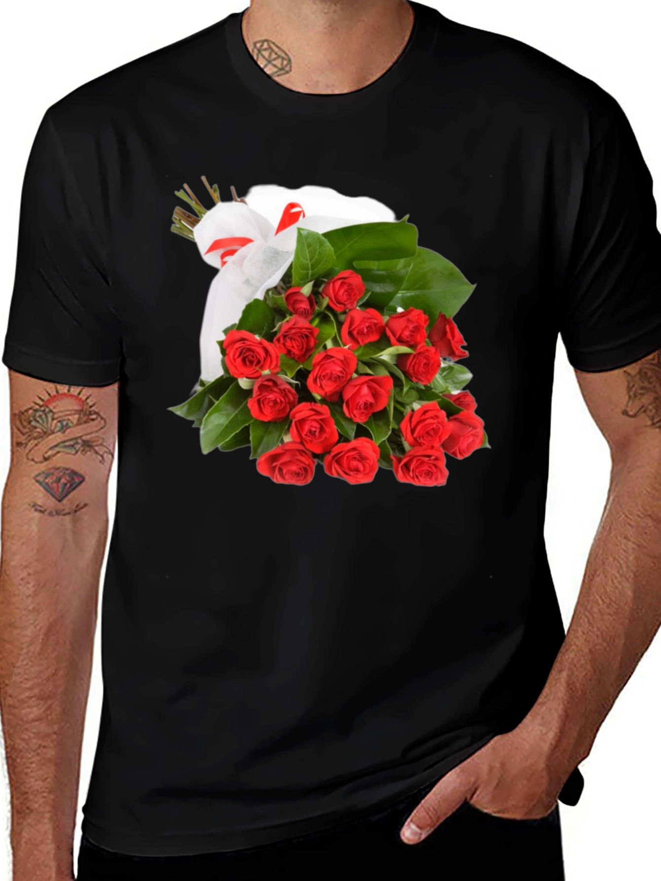 Variant 12 of Roses Bouquet T-Shirt - Black Crew Neck Tee