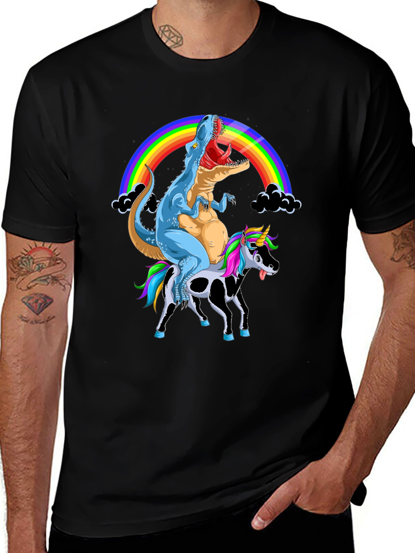 Variant 12 of Dinosaur Riding Unicorn Black T-Shirt