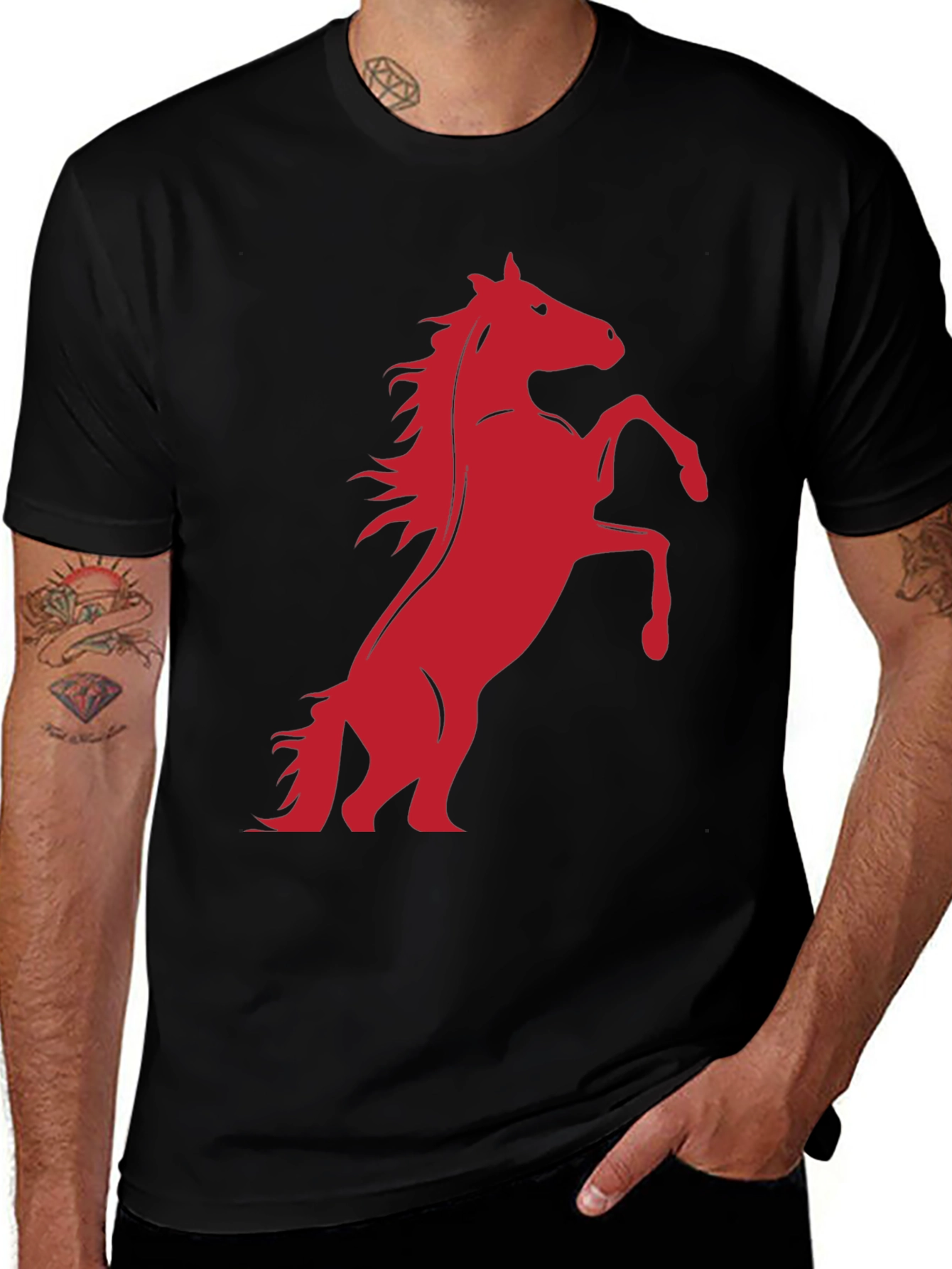 Variant 8 of Bold Red Horse Graphic Tee - Stylish Black T-Shirt