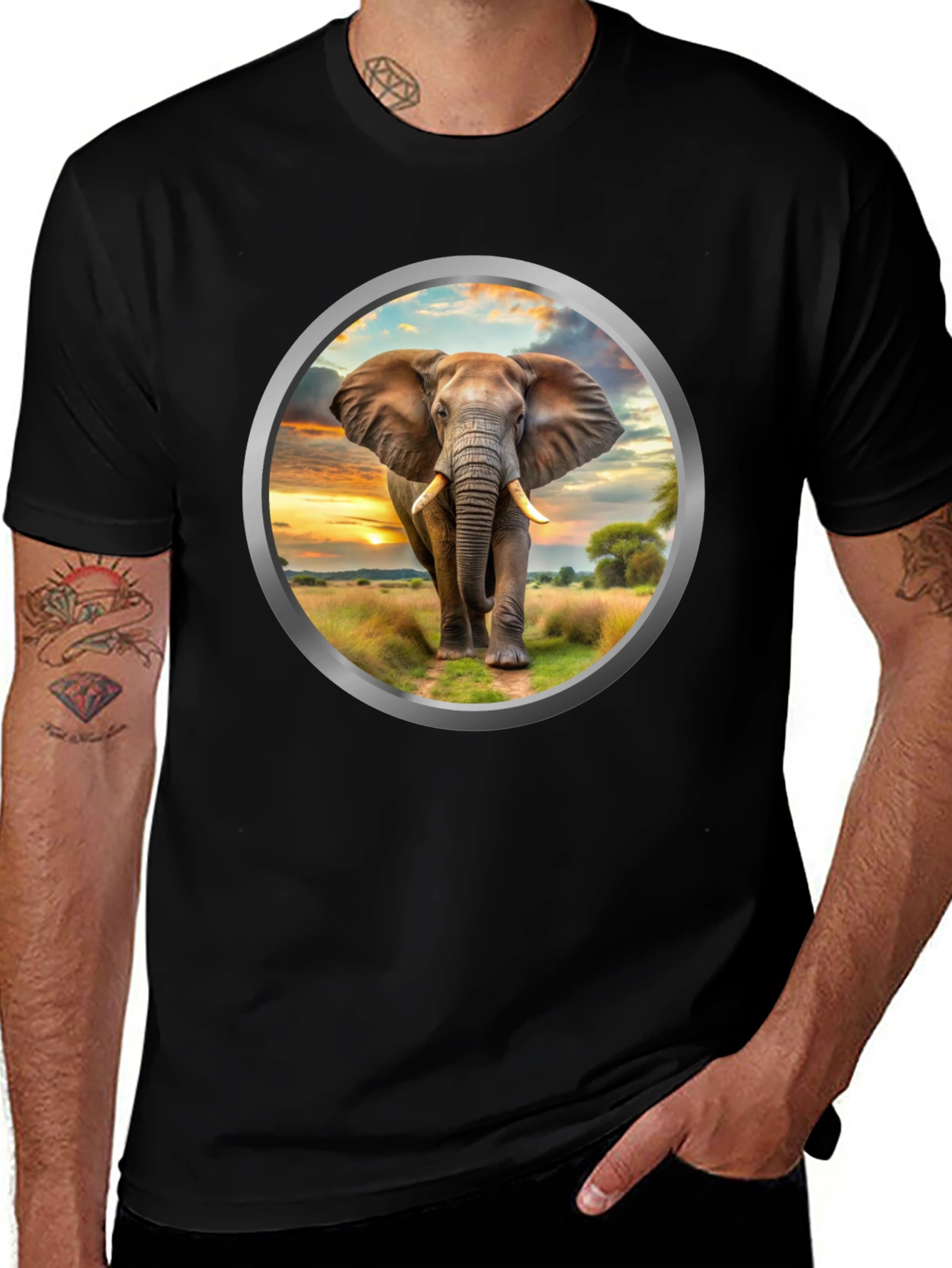 Variant 27 of Elephant Sunset Graphic Tee - Black Cotton Blend