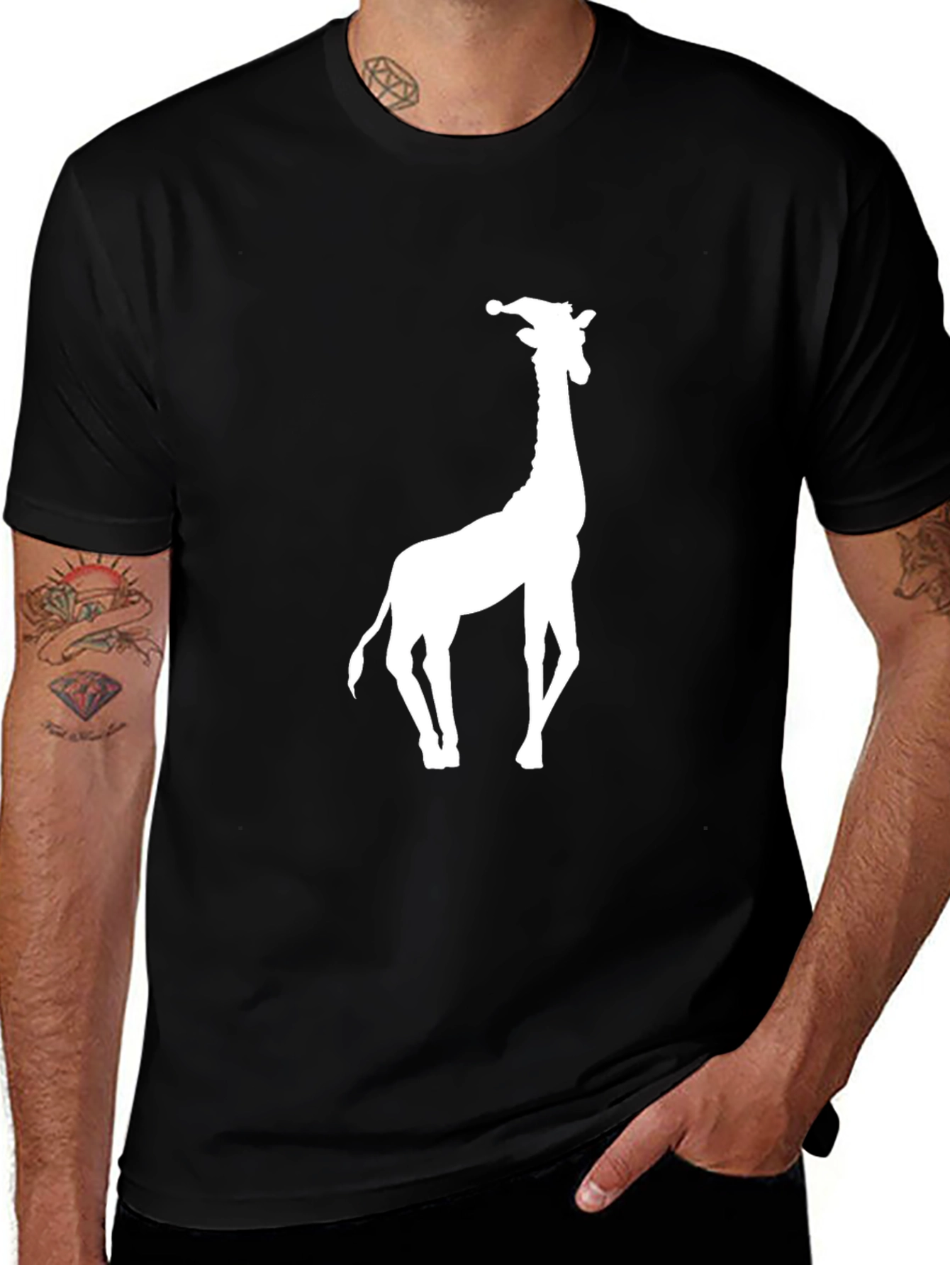Variant 12 of Giraffe Santa Hat Graphic Tee - Black Cotton T-Shirt