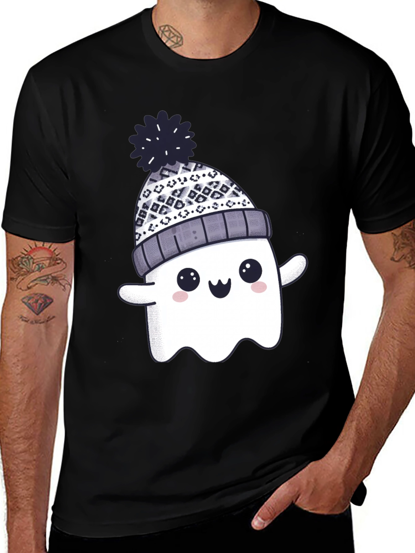 Variant 24 of Cute Ghost in Beanie T-Shirt - Spooky Season Style