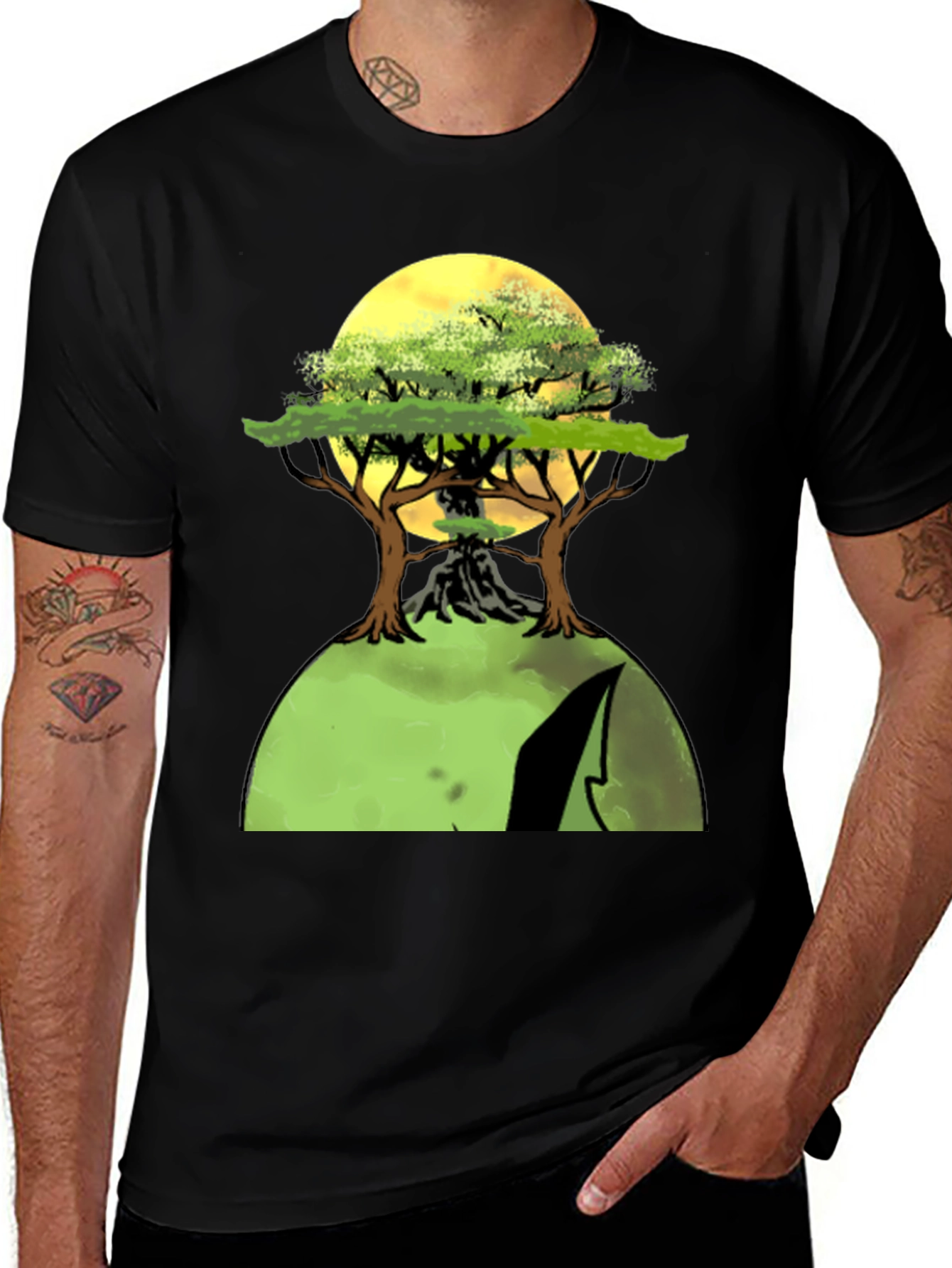 Nature Scene Graphic T-Shirt - Black Cotton Tee