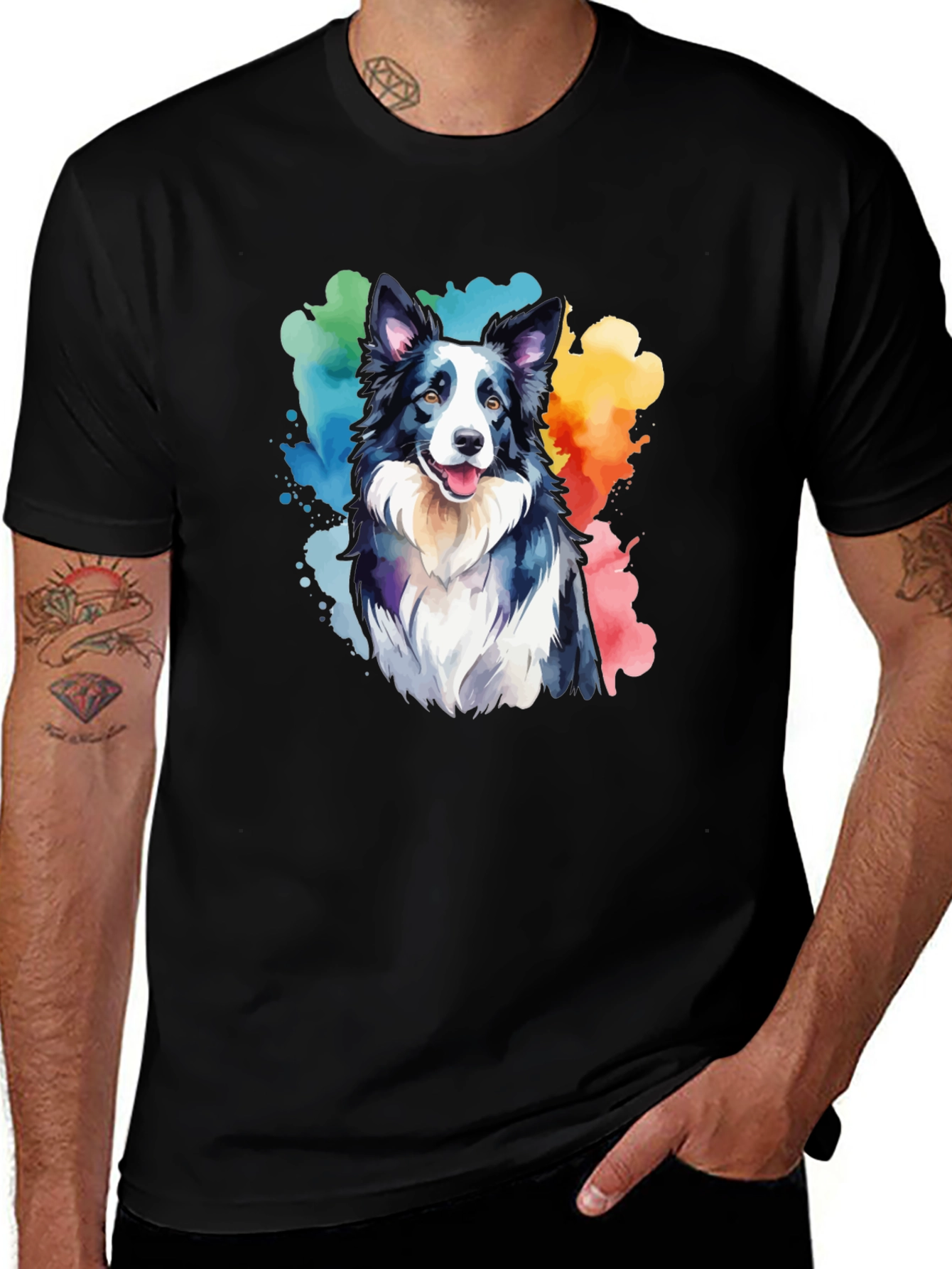 Watercolor Border Collie T-Shirt - Men's Black Tee