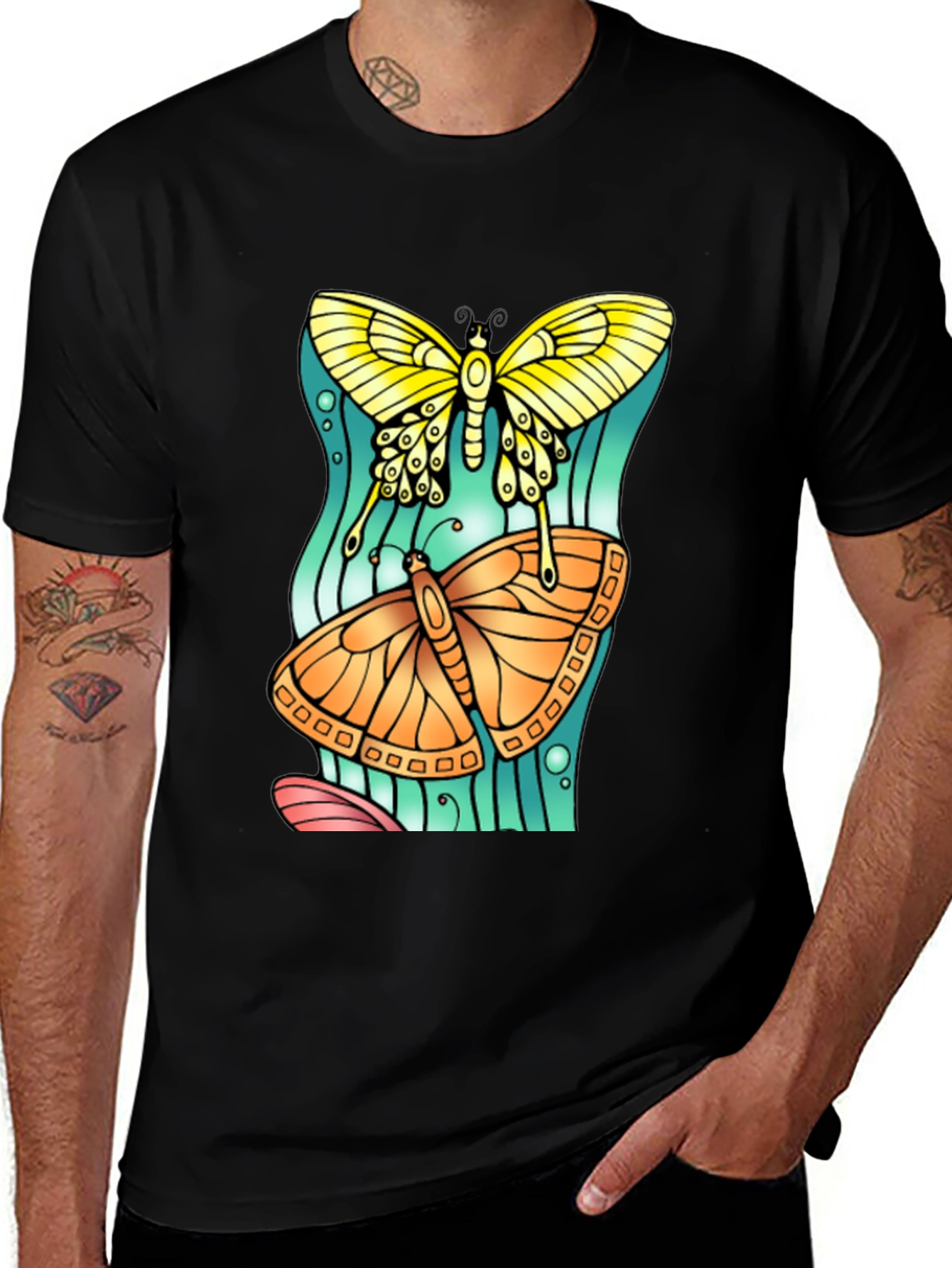 Butterfly Graphic Tee - Artsy Crew Neck T-Shirt