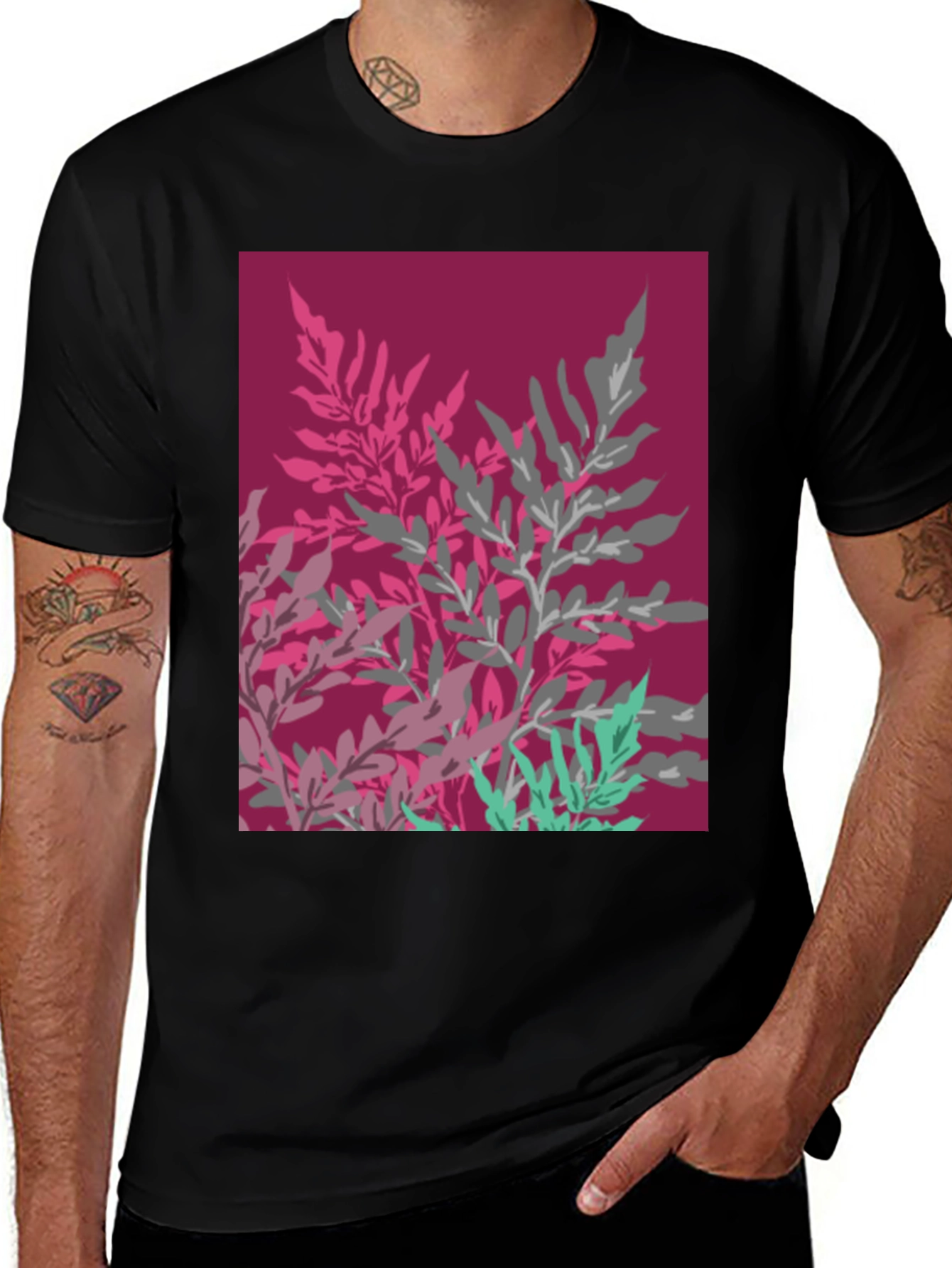 Variant 28 of Abstract Floral Print Black Cotton Tee
