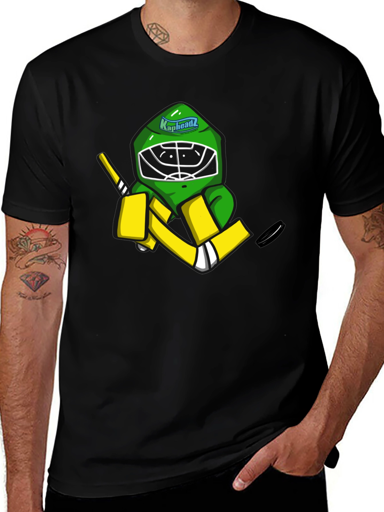 Variant 12 of Kapheadz Hockey Goalie T-Shirt - Black Cotton Tee