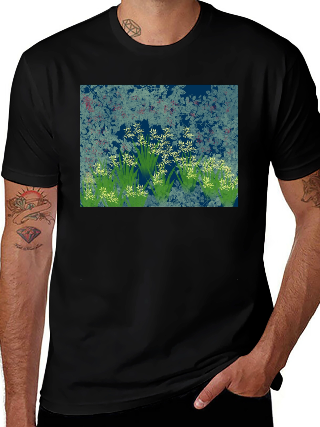 Variant 12 of Floral Botanical Print Black Crew Neck T-Shirt