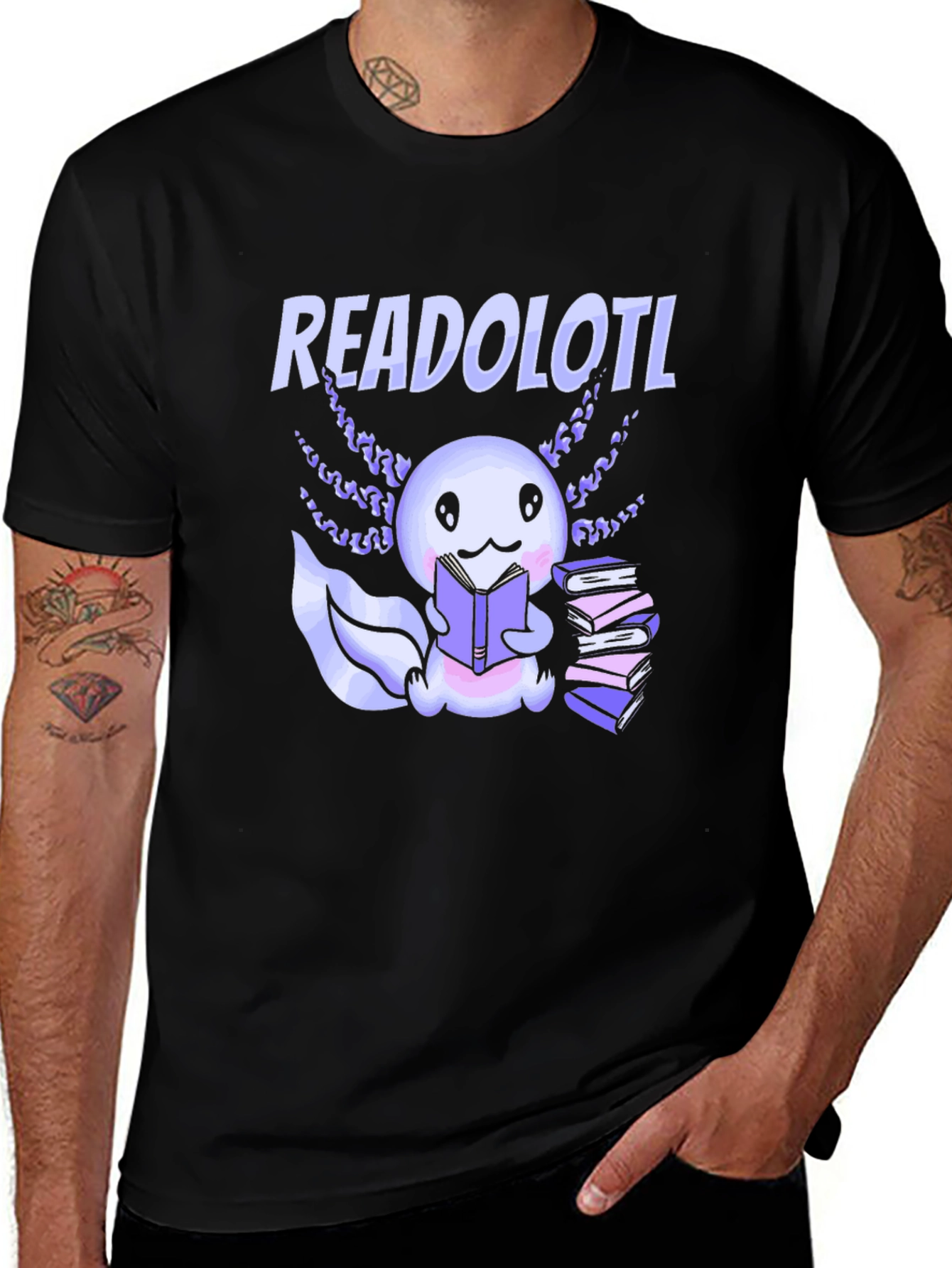 Black Readolotl T-Shirt - Cute Axolotl Reading Books main image